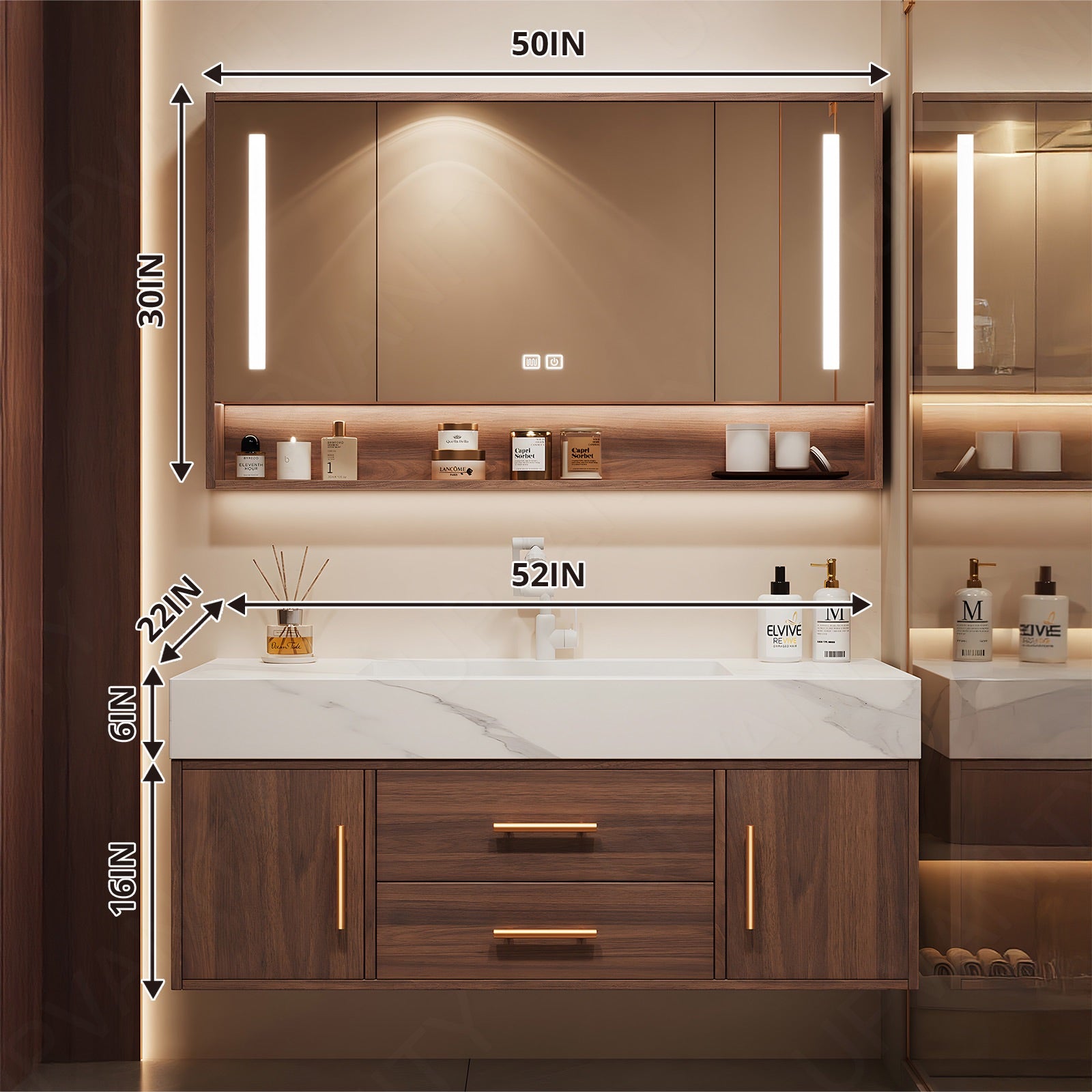 Modern Bath Vanity Set, Brown, Walnut Wood, White Slate Top, 32"-56", Open Shelf, Single, Floating, Smart LED Mirror, Rear Cabinet