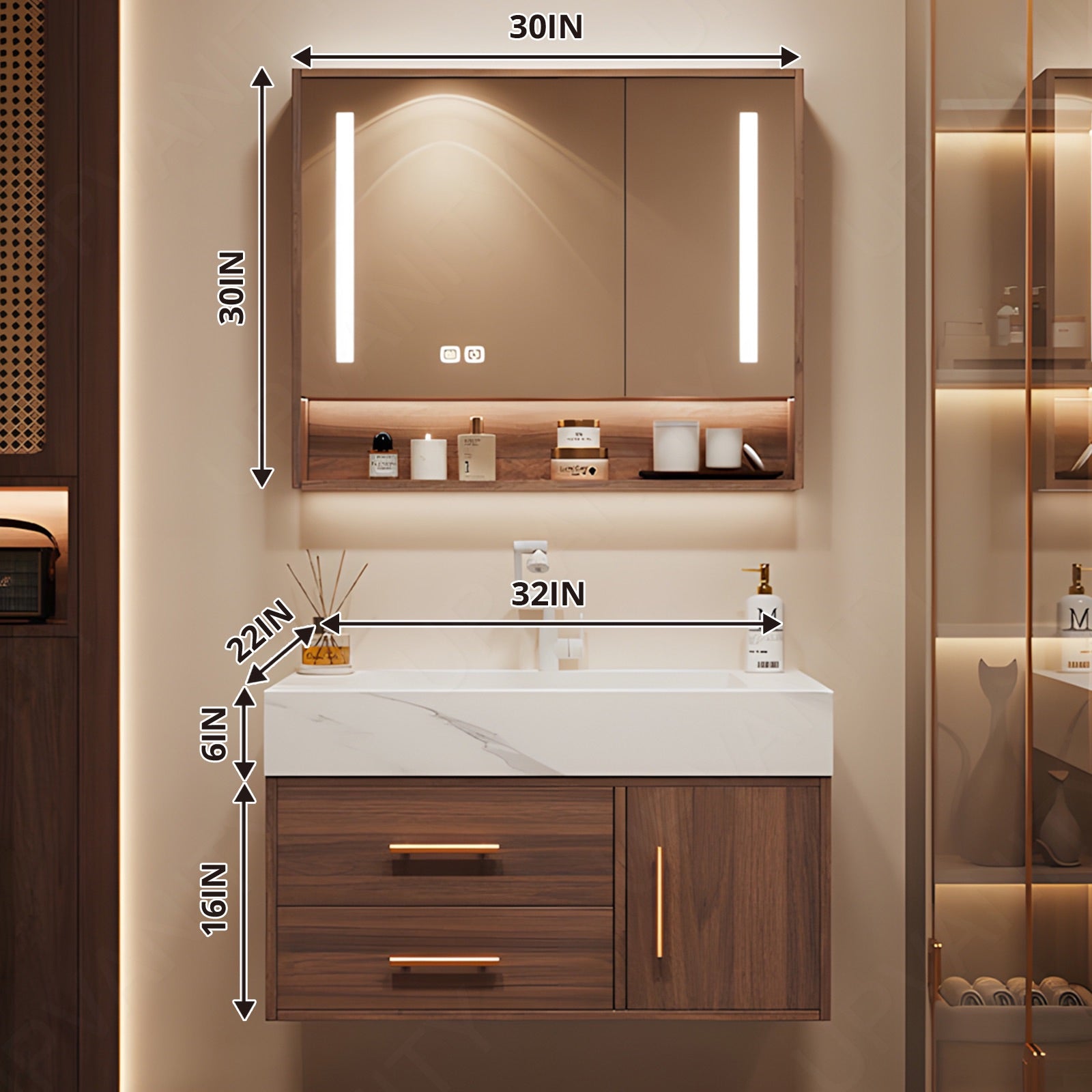 Modern Bath Vanity Set, Brown, Walnut Wood, White Slate Top, 32"-56", Open Shelf, Single, Floating, Smart LED Mirror, Rear Cabinet