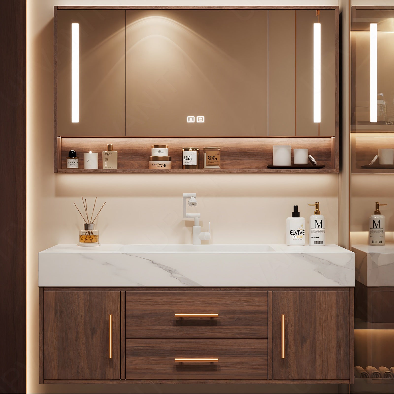 Modern Bath Vanity Set, Brown, Walnut Wood, White Slate Top, 32"-56", Open Shelf, Single, Floating, Smart LED Mirror, Rear Cabinet