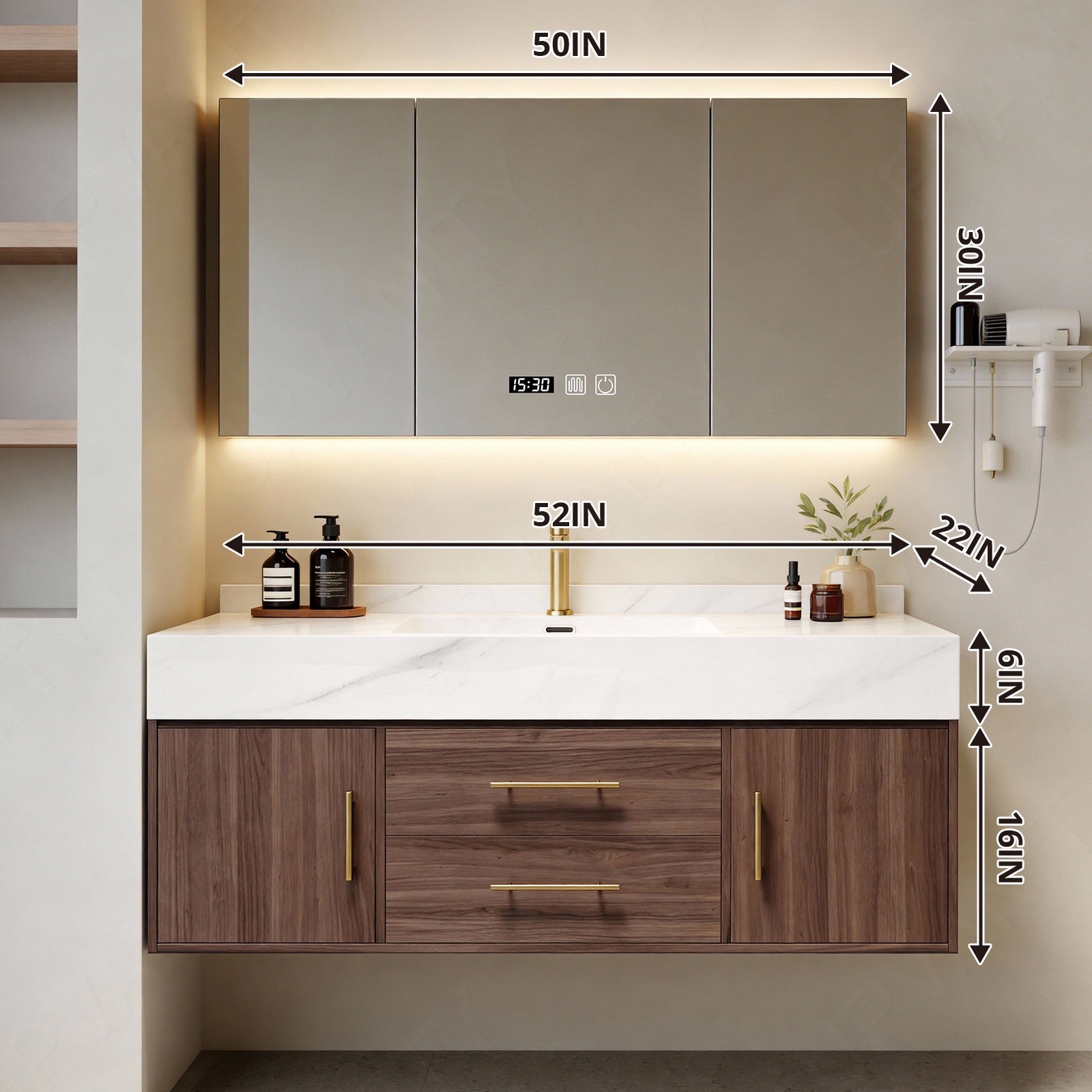 Modern Bath Vanity Set, Brown, Walnut Wood, White Slate Top, 40"-56", Gold Accents, Single, Floating, Smart LED Mirror, Rear Cabinet