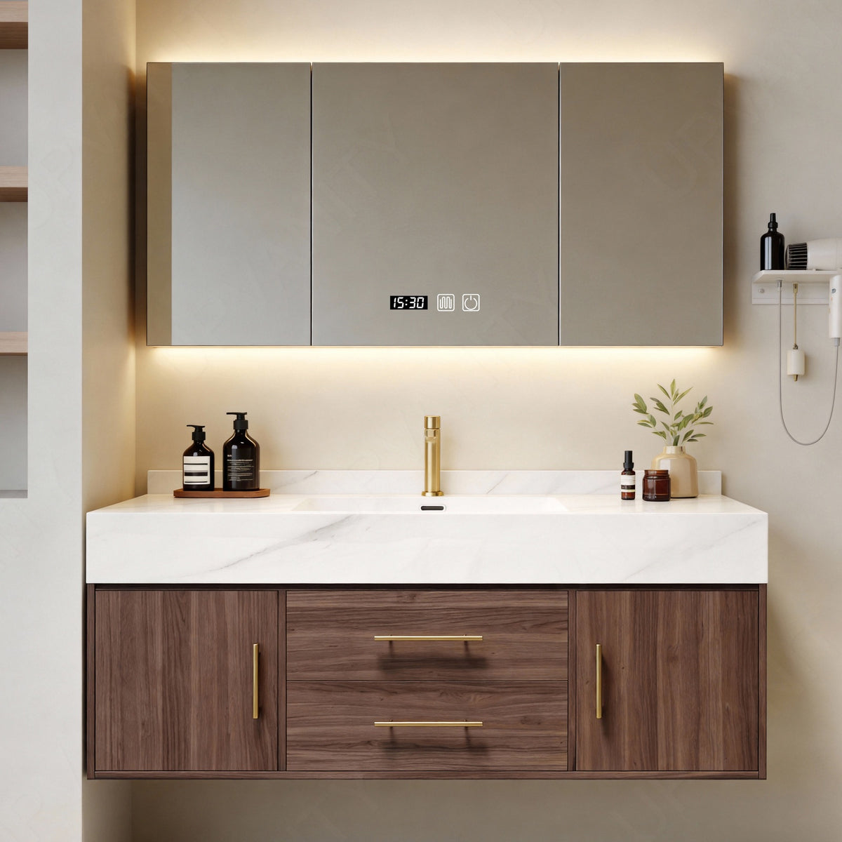 Modern Bath Vanity Set, Brown, Walnut Wood, White Slate Top, 40"-56", Gold Accents, Single, Floating, Smart LED Mirror, Rear Cabinet