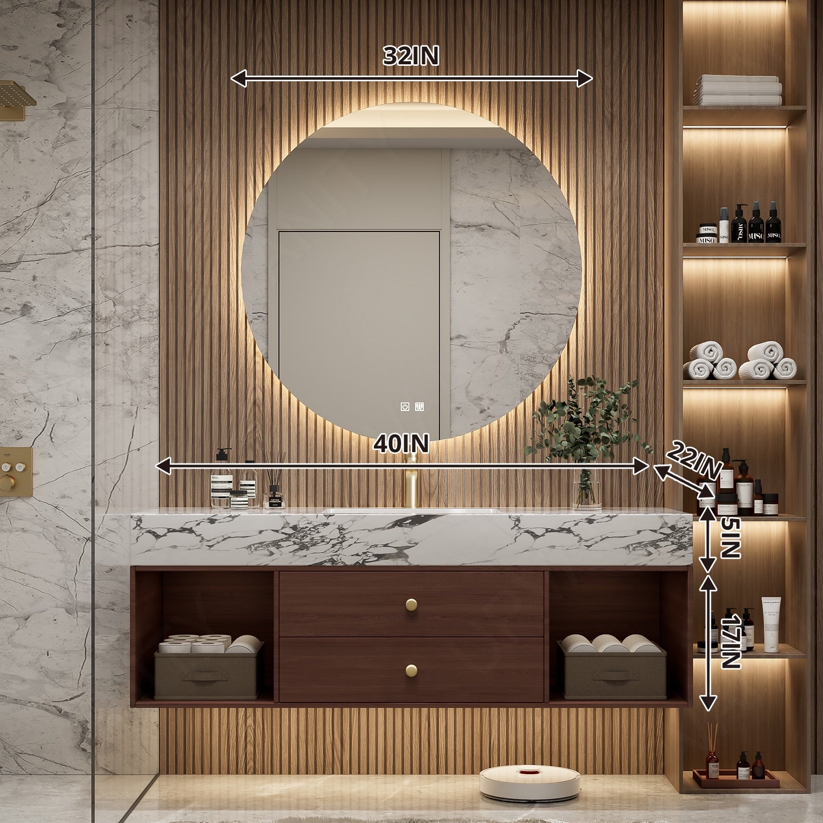 Modern Bath Vanity Set, Brown, Warm Walnut, Marble Textured Top, 40"- 64", Single, Floating, Open Storage, Round Smart LED Mirror