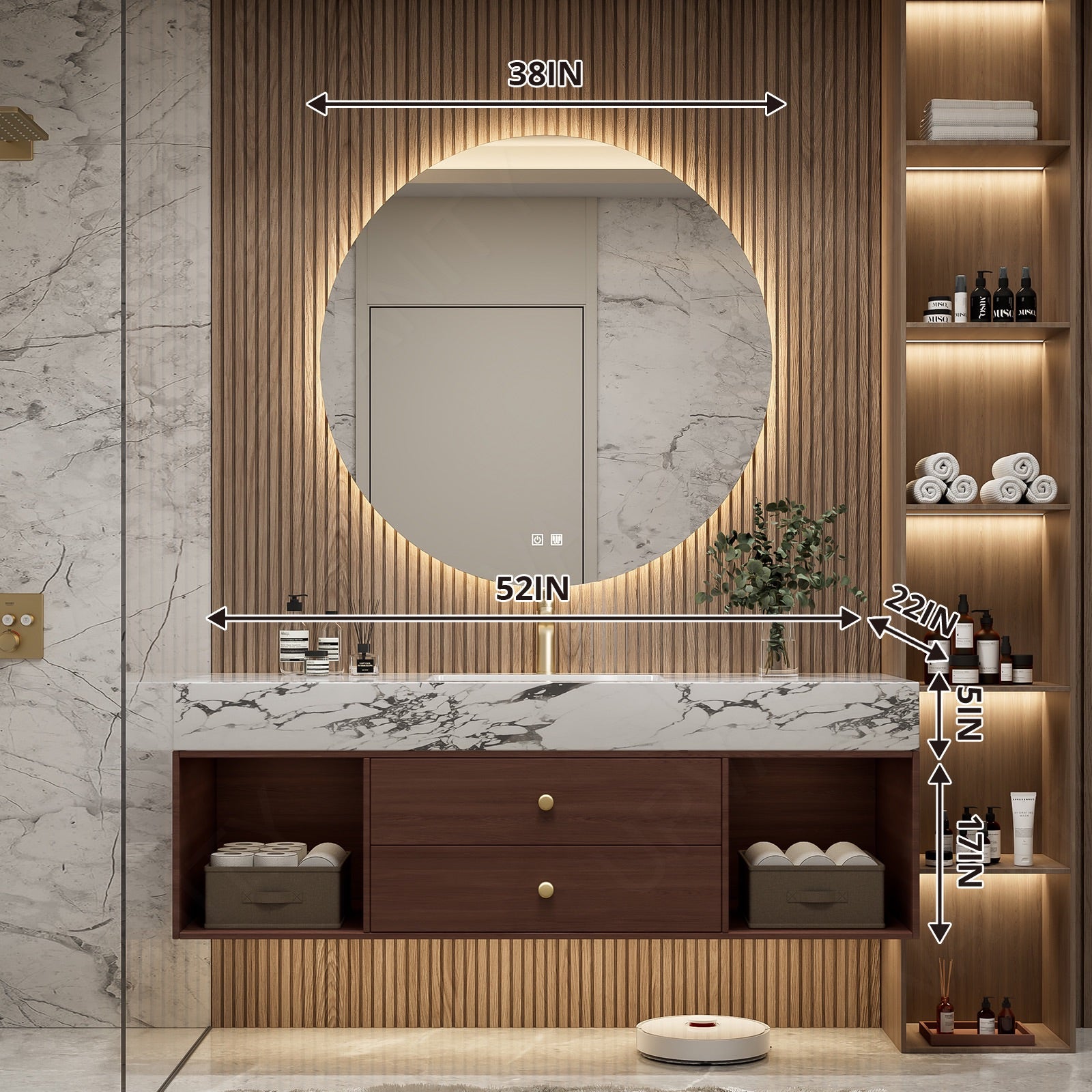 Modern Bath Vanity Set, Brown, Warm Walnut, Marble Textured Top, 40"- 64", Single, Floating, Open Storage, Round Smart LED Mirror