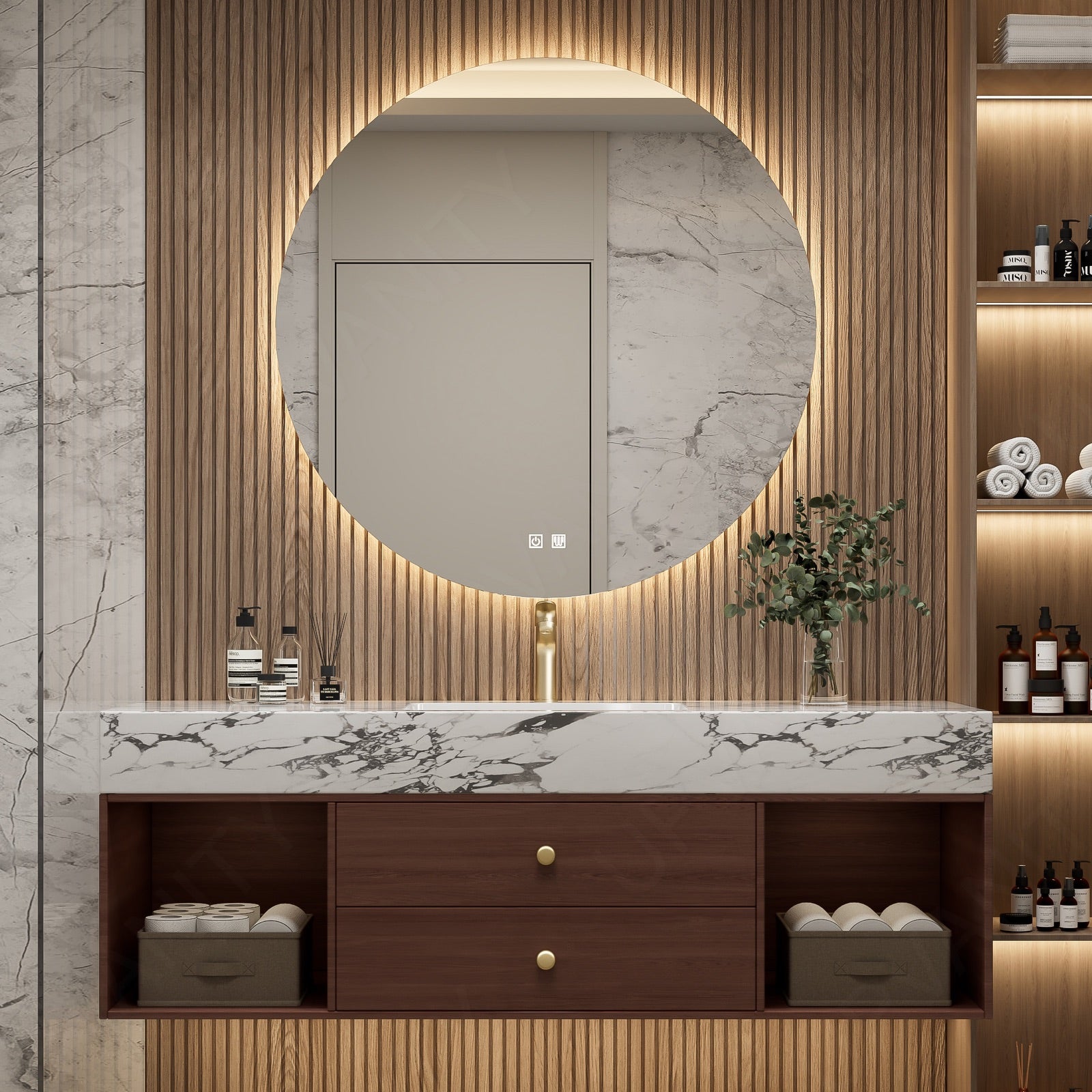 Modern Bath Vanity Set, Brown, Warm Walnut, Marble Textured Top, 40"- 64", Single, Floating, Open Storage, Round Smart LED Mirror