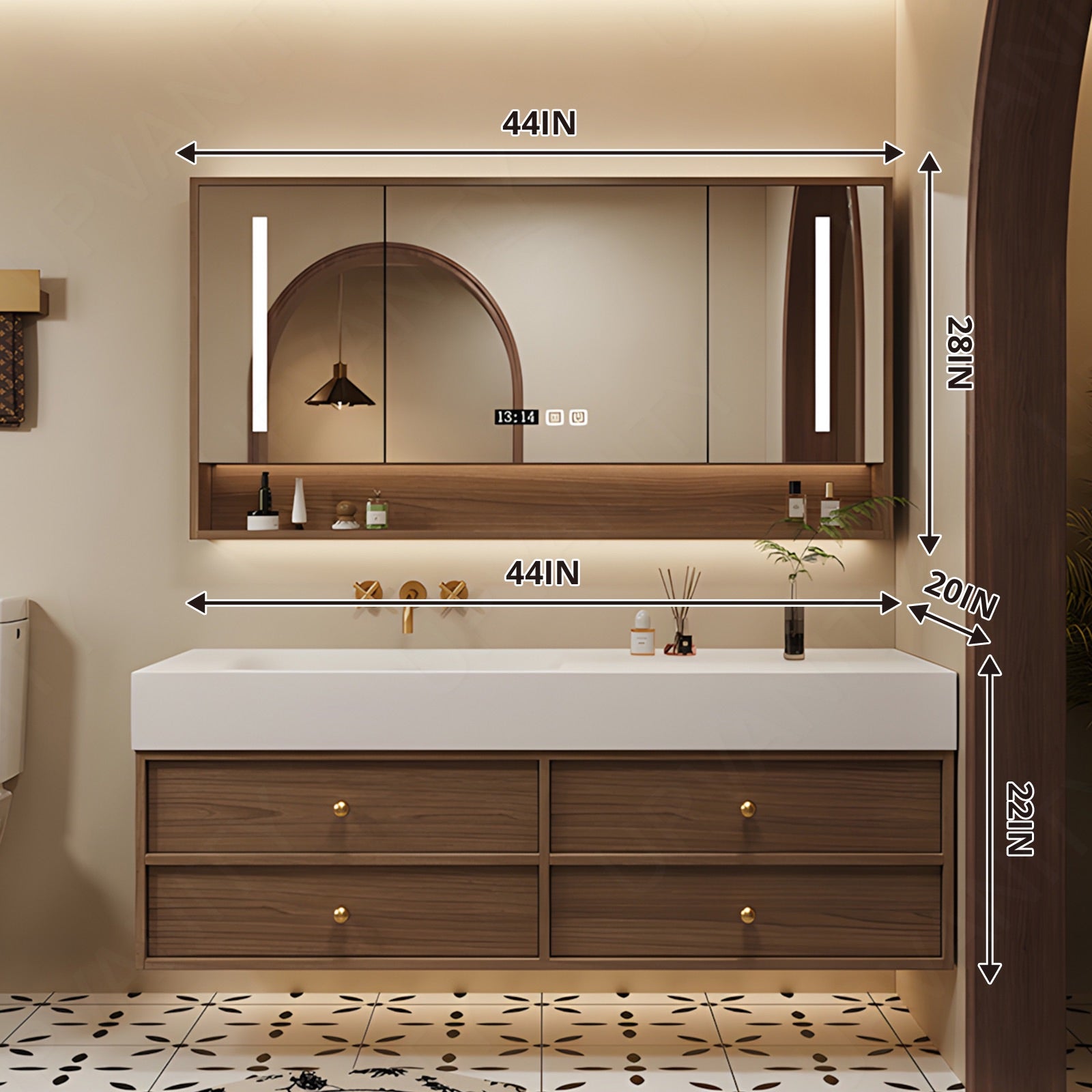 Modern Bath Vanity Set, Brown, Warm Walnut, White Slate Top, 44"-64", Single, Floating, Open Storage, Gold Accents, Smart LED Mirror, Rear Cabinet