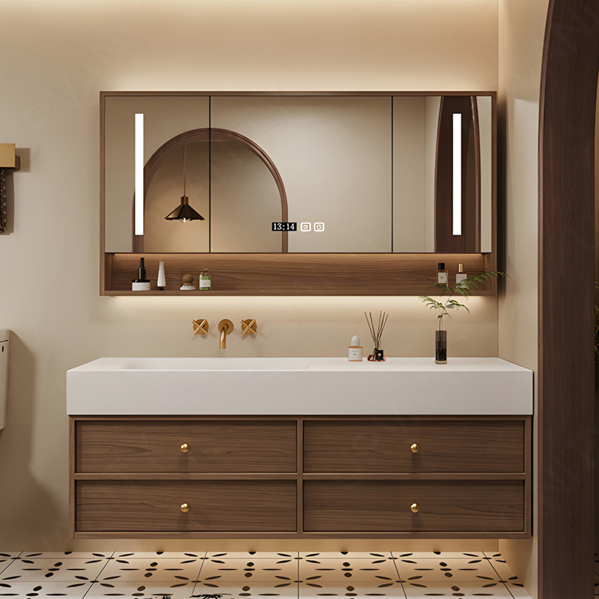 Modern Bath Vanity Set, Brown, Warm Walnut, White Slate Top, 44"-64", Single, Floating, Open Storage, Gold Accents, Smart LED Mirror, Rear Cabinet