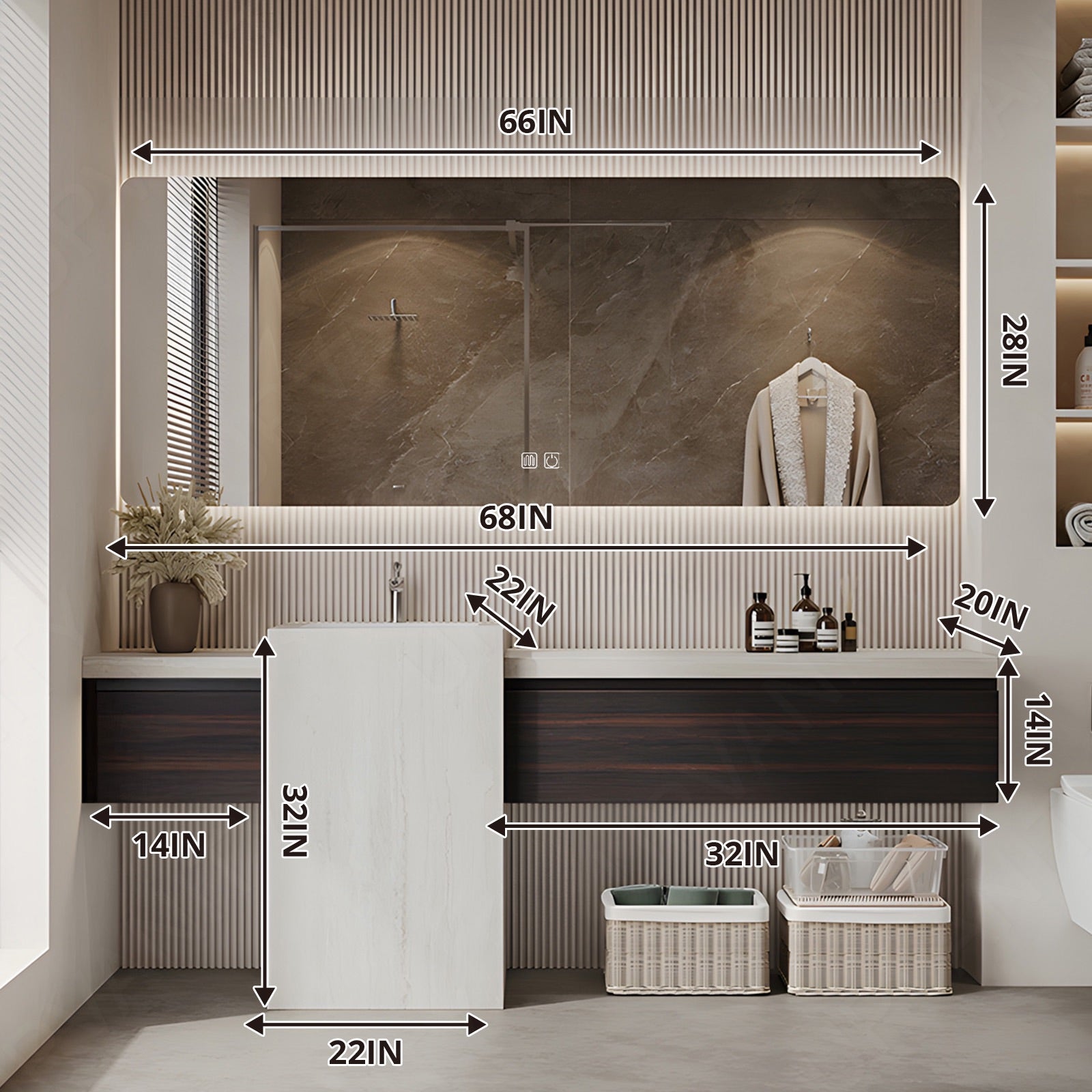 Modern Bath Vanity Set, Brown, White Column, 56"- 72", Single, Freestanding, Smart LED Mirror