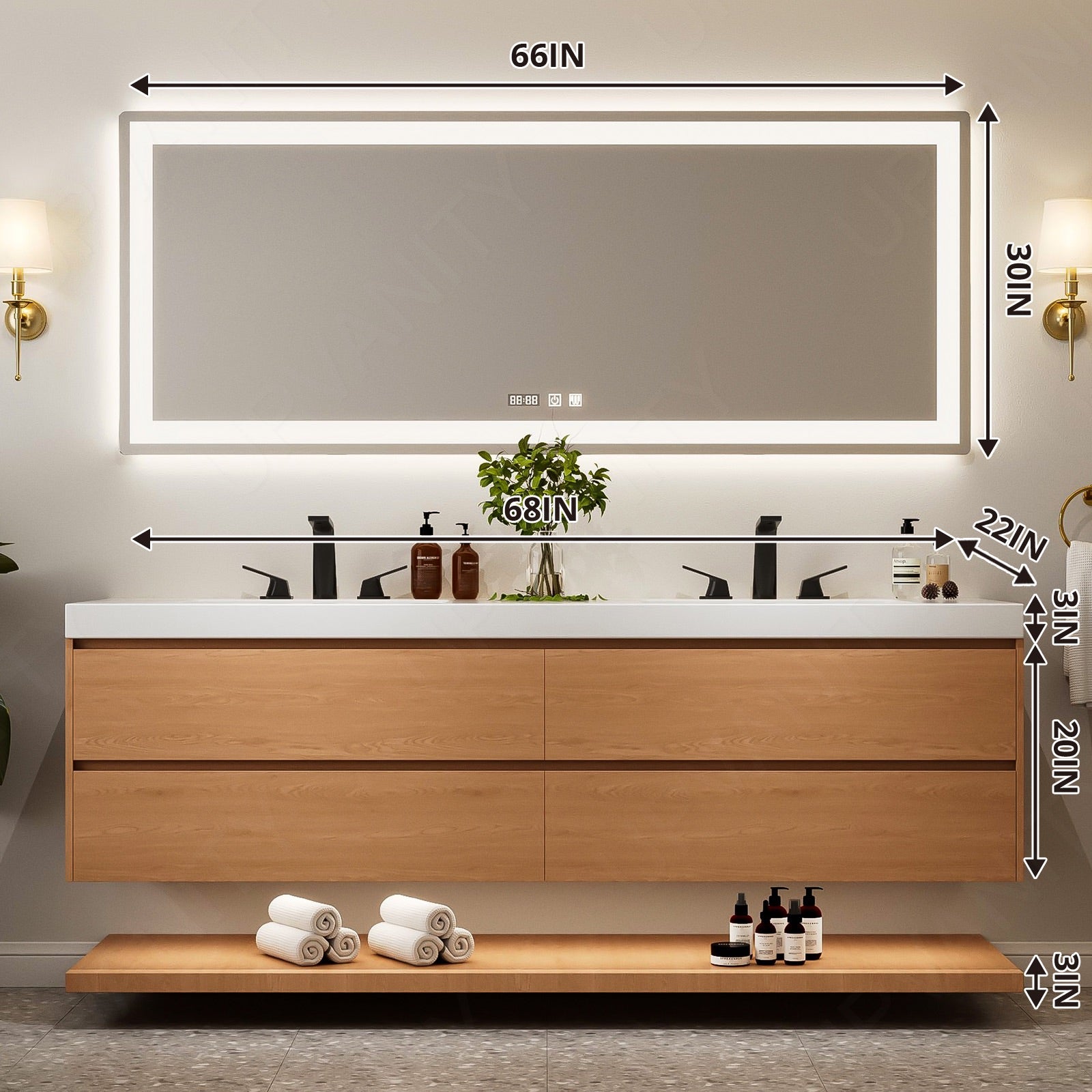 Modern Bath Vanity Set, Brown, White Integrated Sink , Open Storage, 56"-78", Double, Floating, Rectangular Smart LED Mirror