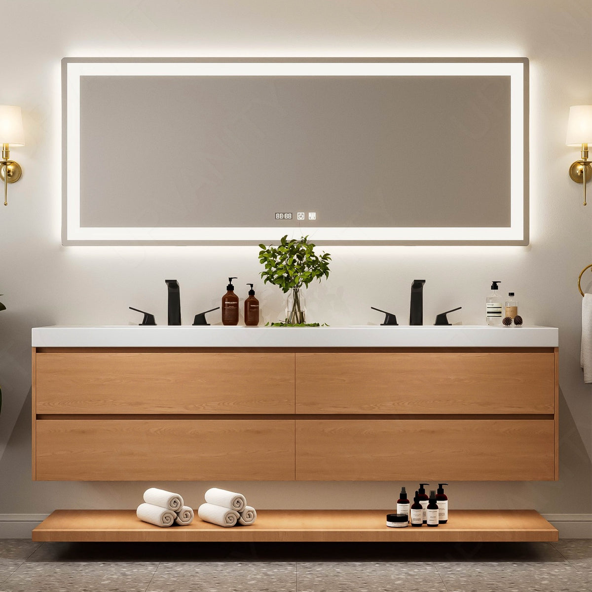 Modern Bath Vanity Set, Brown, White Integrated Sink , Open Storage, 56"-78", Double, Floating, Rectangular Smart LED Mirror