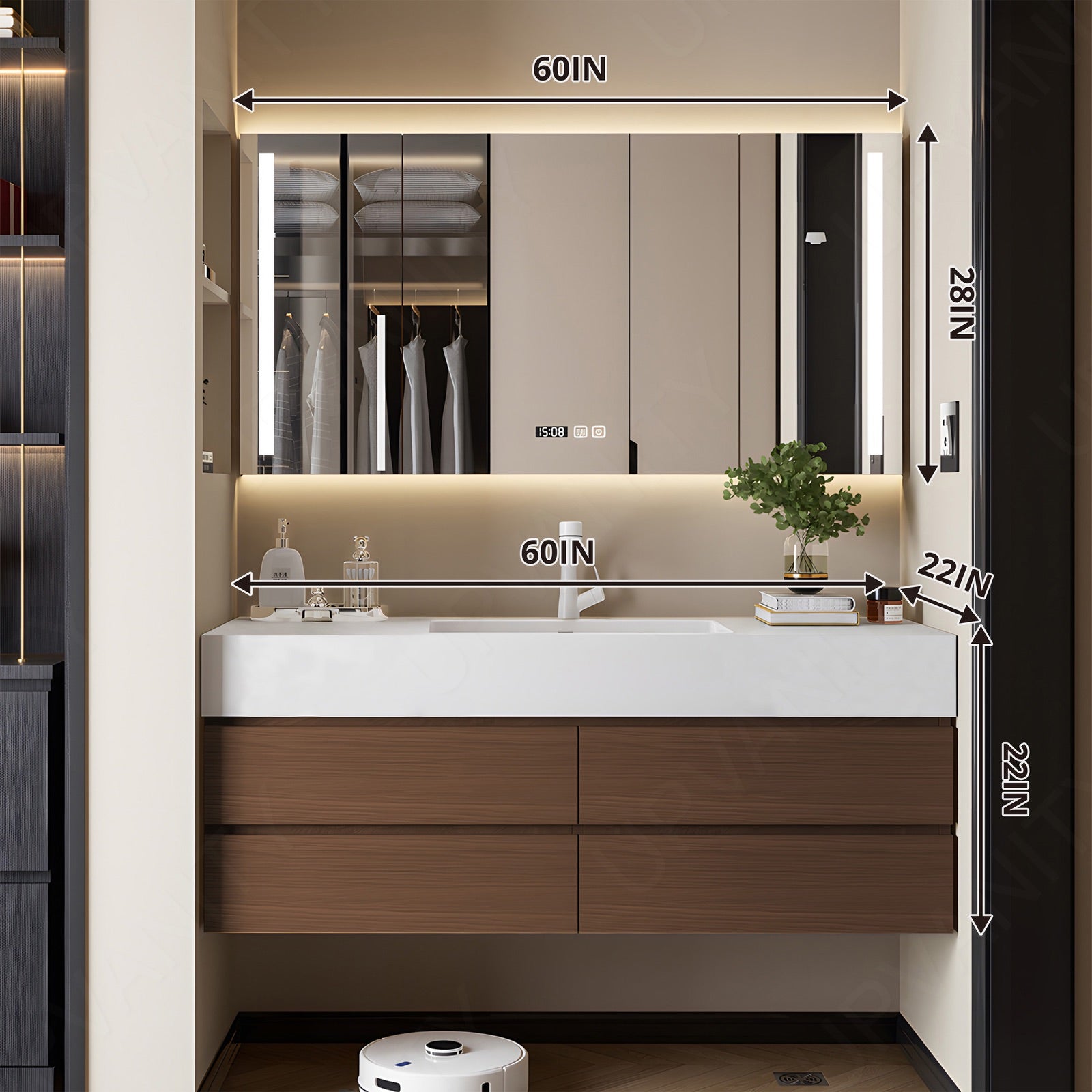 Modern Bath Vanity Set, Brown, White Marble Textured Top, 40"-64", Single, Floating, Smart LED Mirror, Rear Cabinet