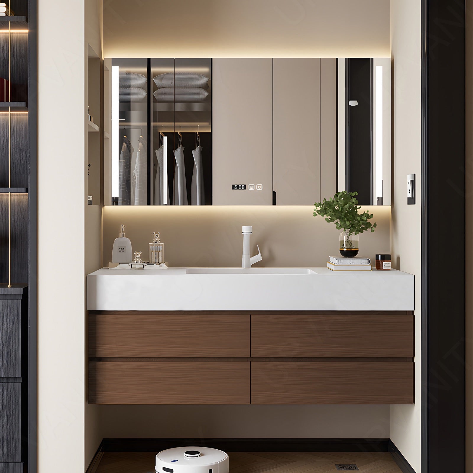 Modern Bath Vanity Set, Brown, White Marble Textured Top, 40"-64", Single, Floating, Smart LED Mirror, Rear Cabinet