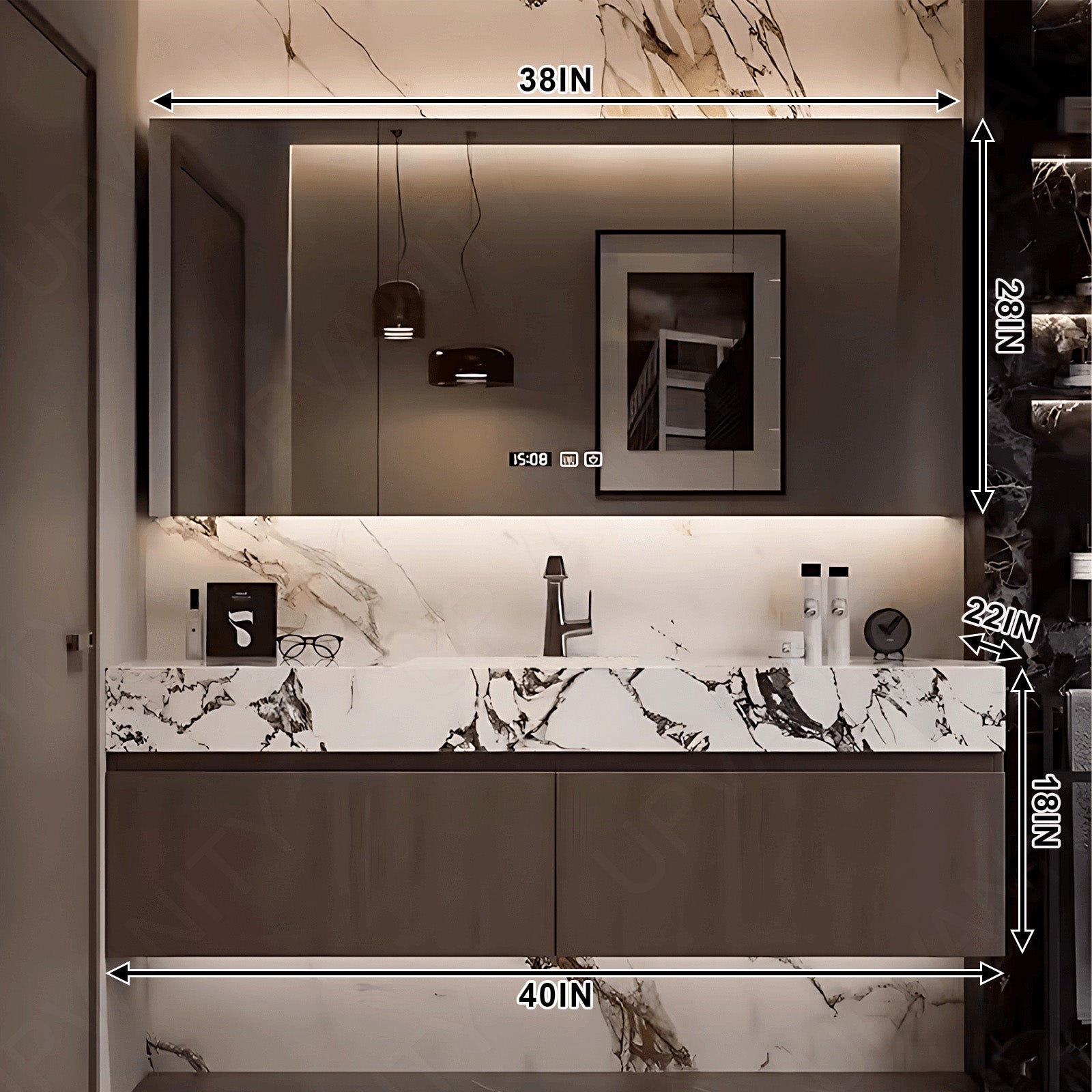 Modern Bath Vanity Set, Brown, White Marble Textured Top, 40"-72", Single, Floating, Smart LED Mirror, Rear Cabinet
