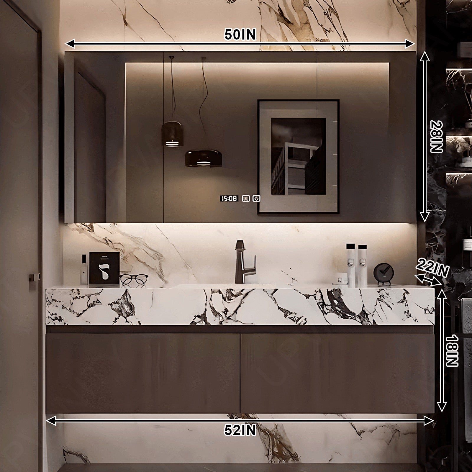 Modern Bath Vanity Set, Brown, White Marble Textured Top, 40"-72", Single, Floating, Smart LED Mirror, Rear Cabinet