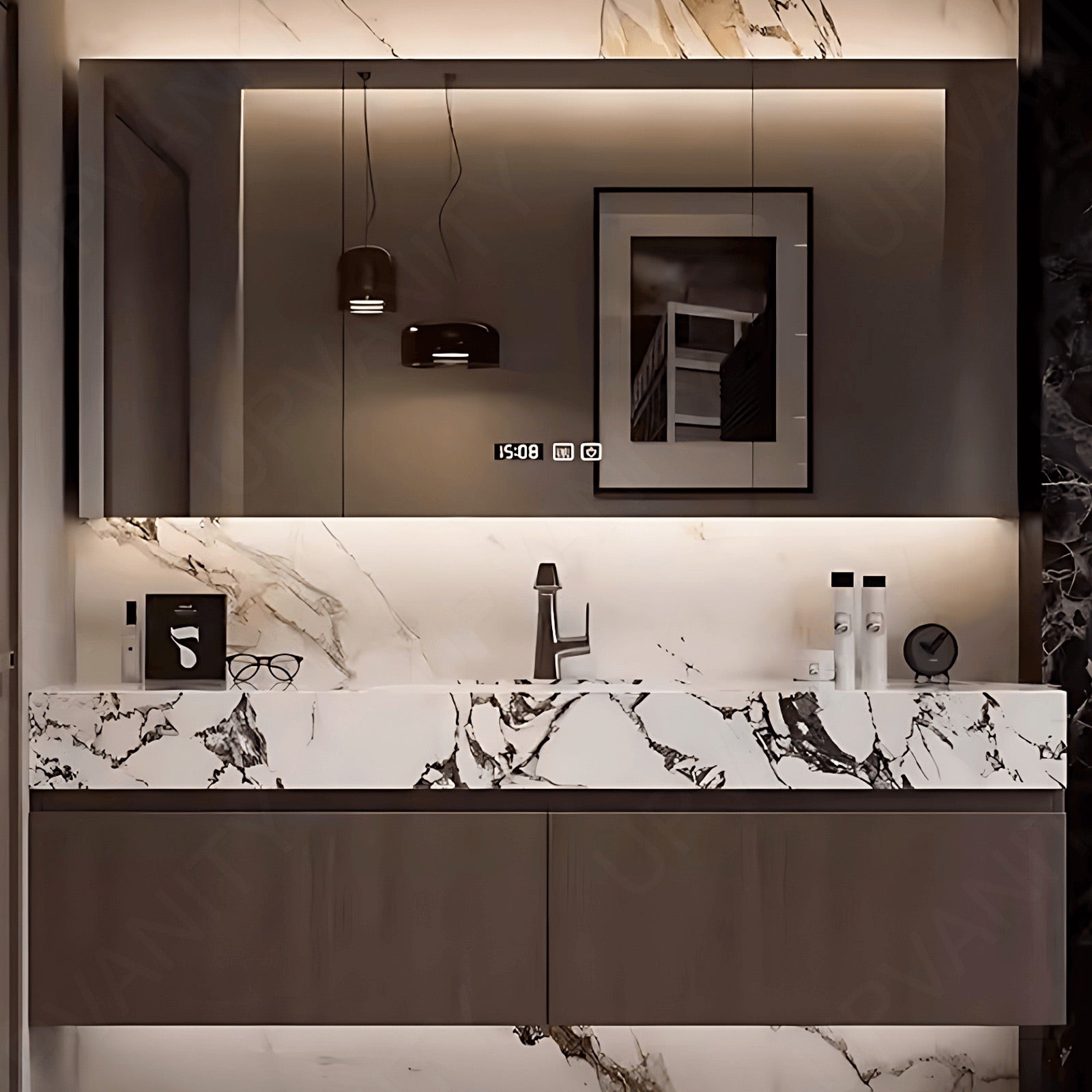 Modern Bath Vanity Set, Brown, White Marble Textured Top, 40"-72", Single, Floating, Smart LED Mirror, Rear Cabinet