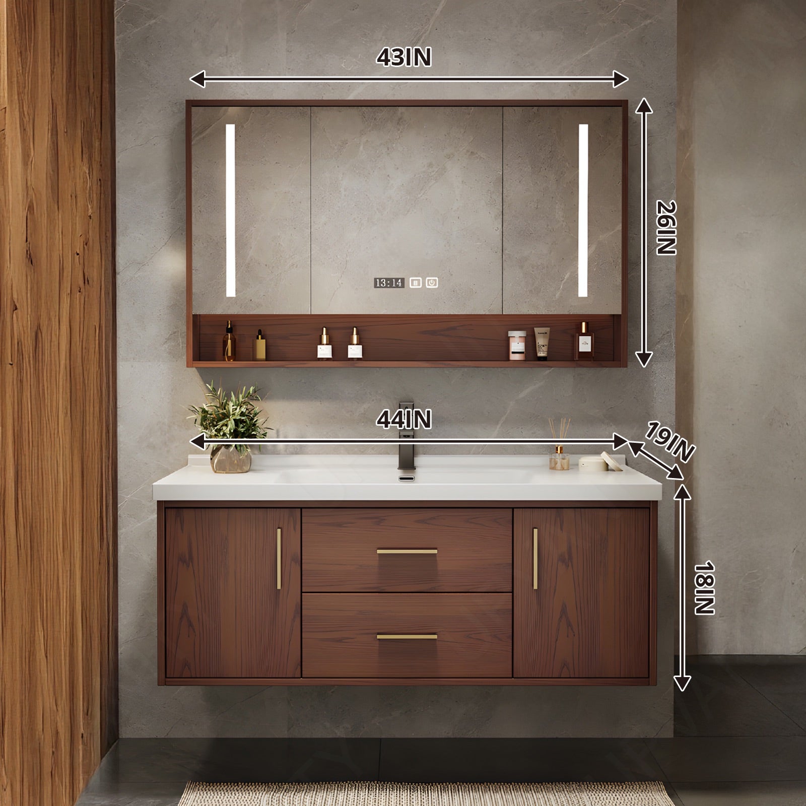 Modern Bath Vanity Set, Brown, White Slate Top, 24"-48", Single, Floating, Gold Accents, Smart LED Mirror, Rear Cabinet