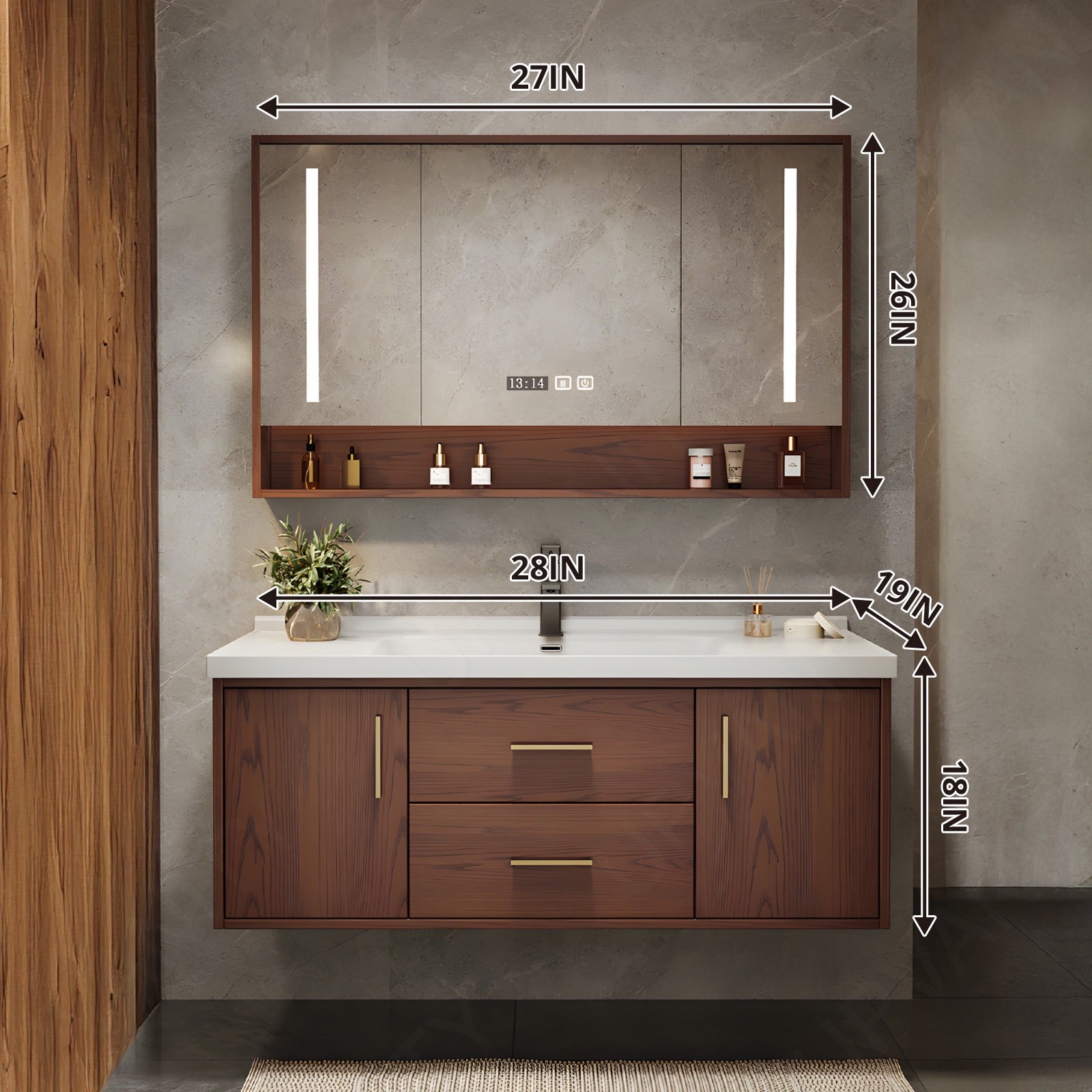 Modern Bath Vanity Set, Brown, White Slate Top, 24"-48", Single, Floating, Gold Accents, Smart LED Mirror, Rear Cabinet