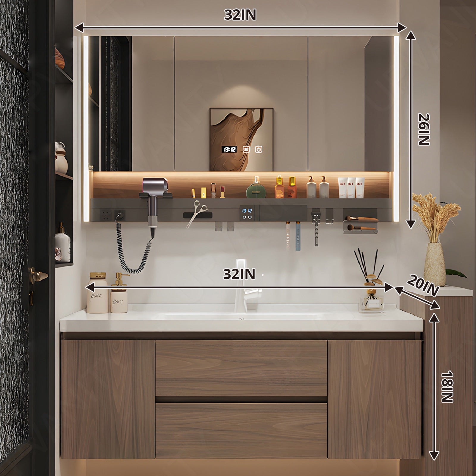 Modern Bath Vanity Set, Brown, White Slate Top, 28"-48", Single, Floating, Smart LED Mirror, Rear Cabinet, Storage Rack