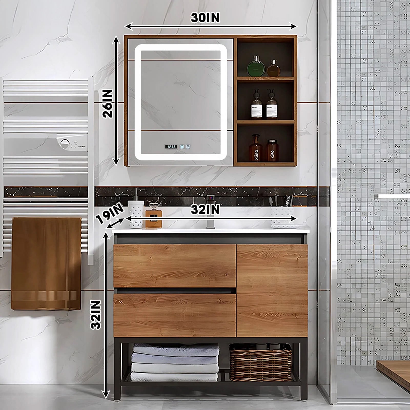 Modern Bath Vanity Set, Brown, White Slate Top, 32"- 48", Single, Freestanding, Smart LED  Mirror, Side Cabinet