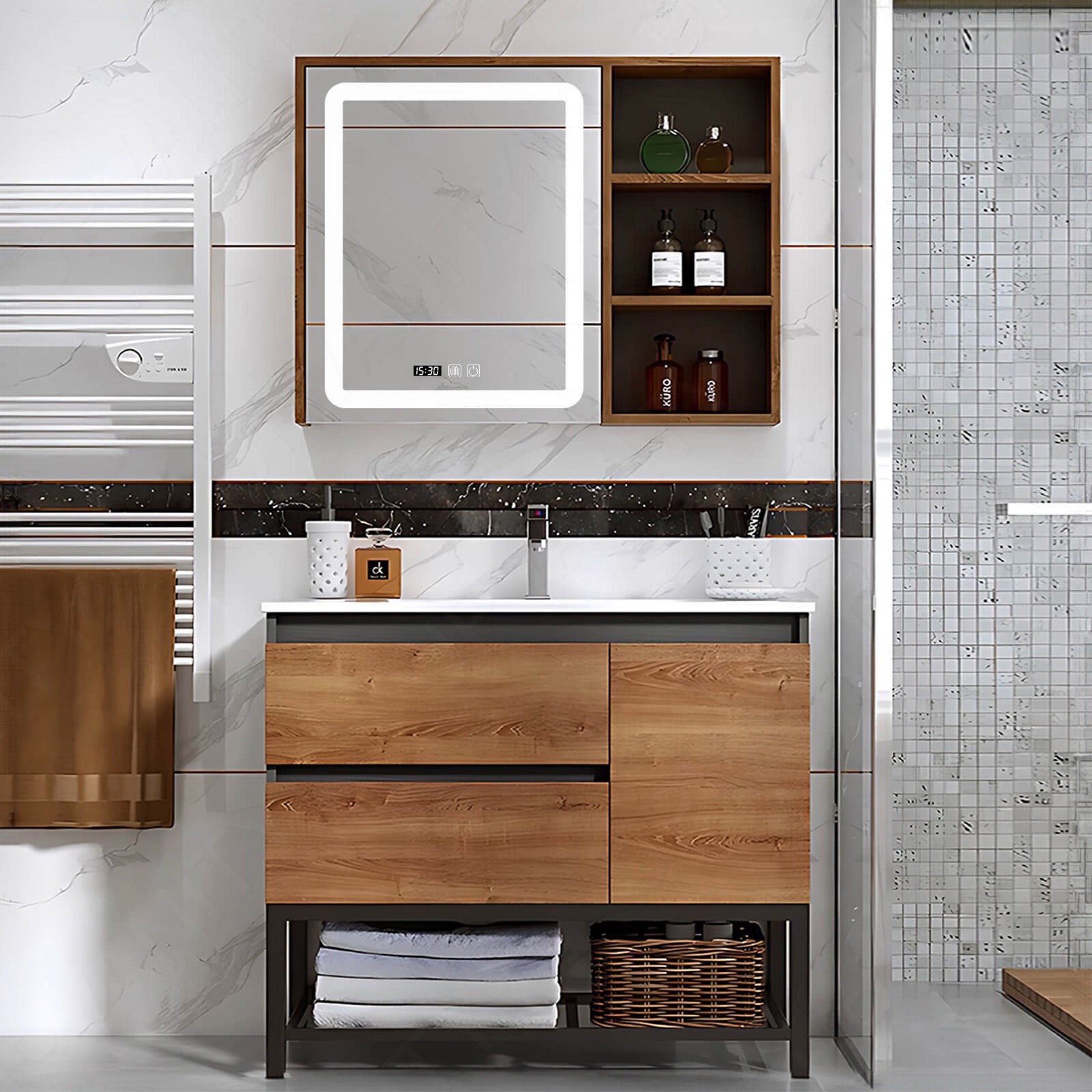 Modern Bath Vanity Set, Brown, White Slate Top, 32"- 48", Single, Freestanding, Smart LED  Mirror, Side Cabinet