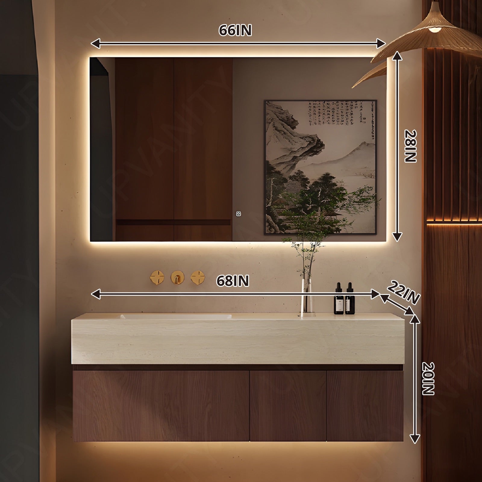 Modern Bath Vanity Set, Brown, White Slate Top, 32"-72", Single, Floating, Classic Panel, Smart LED Mirror