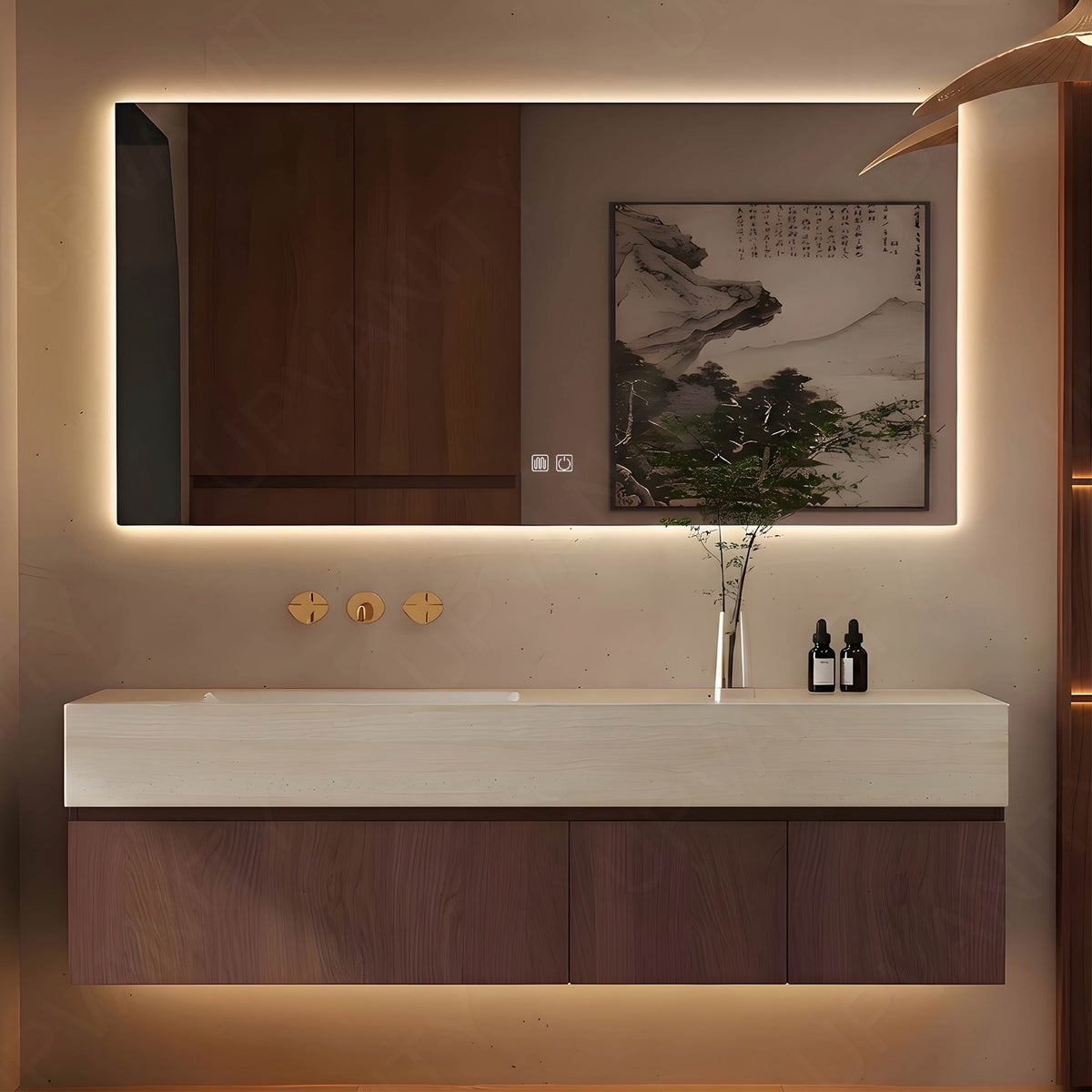 Modern Bath Vanity Set, Brown, White Slate Top, 32"-72", Single, Floating, Classic Panel, Smart LED Mirror