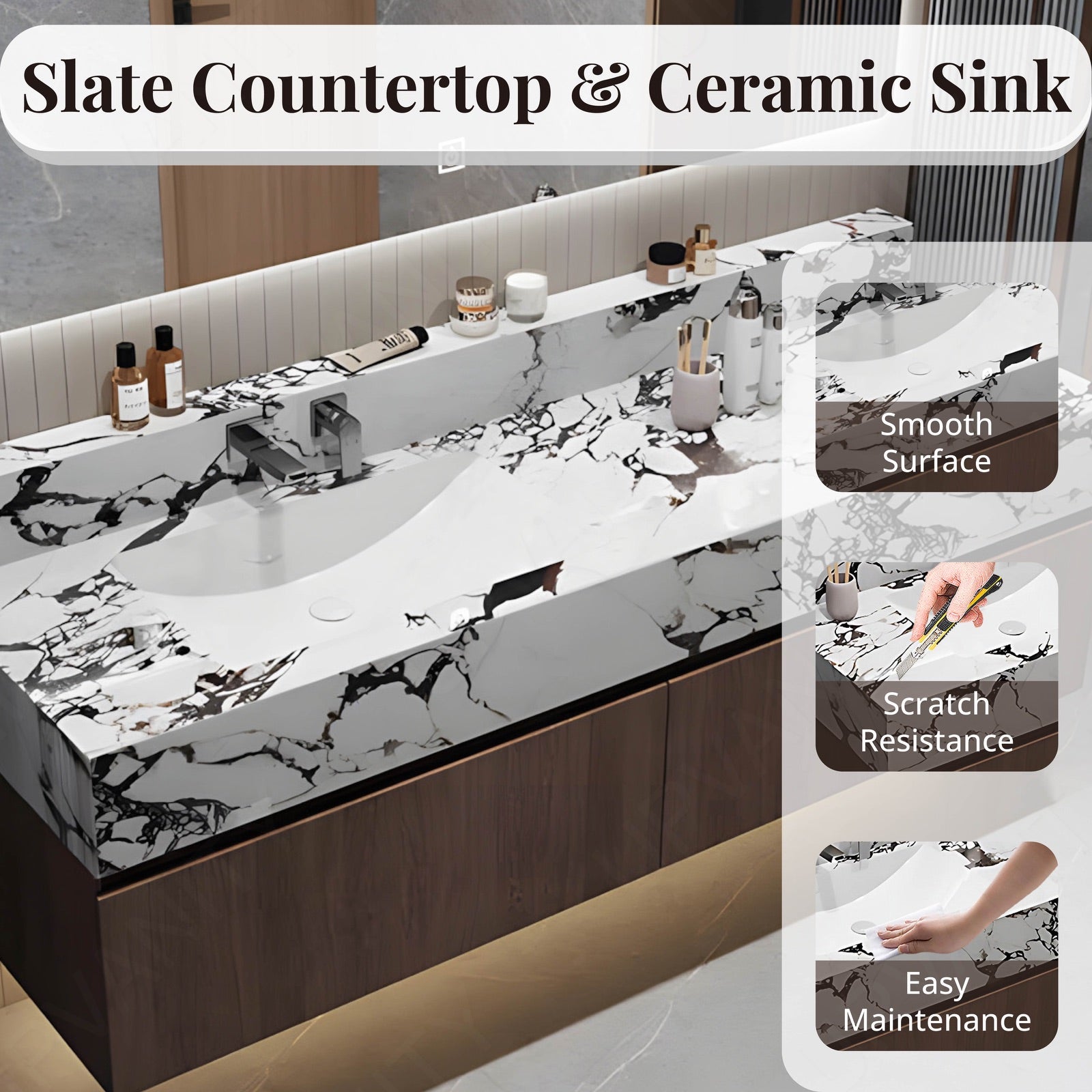 Modern Bath Vanity Set, Brown, White Slate Top, 36"- 64", Single, Floating, Smart LED Mirror