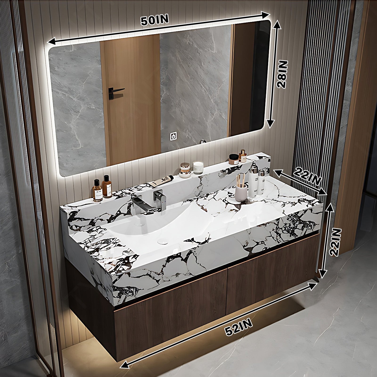 Modern Bath Vanity Set, Brown, White Slate Top, 36"- 64", Single, Floating, Smart LED Mirror