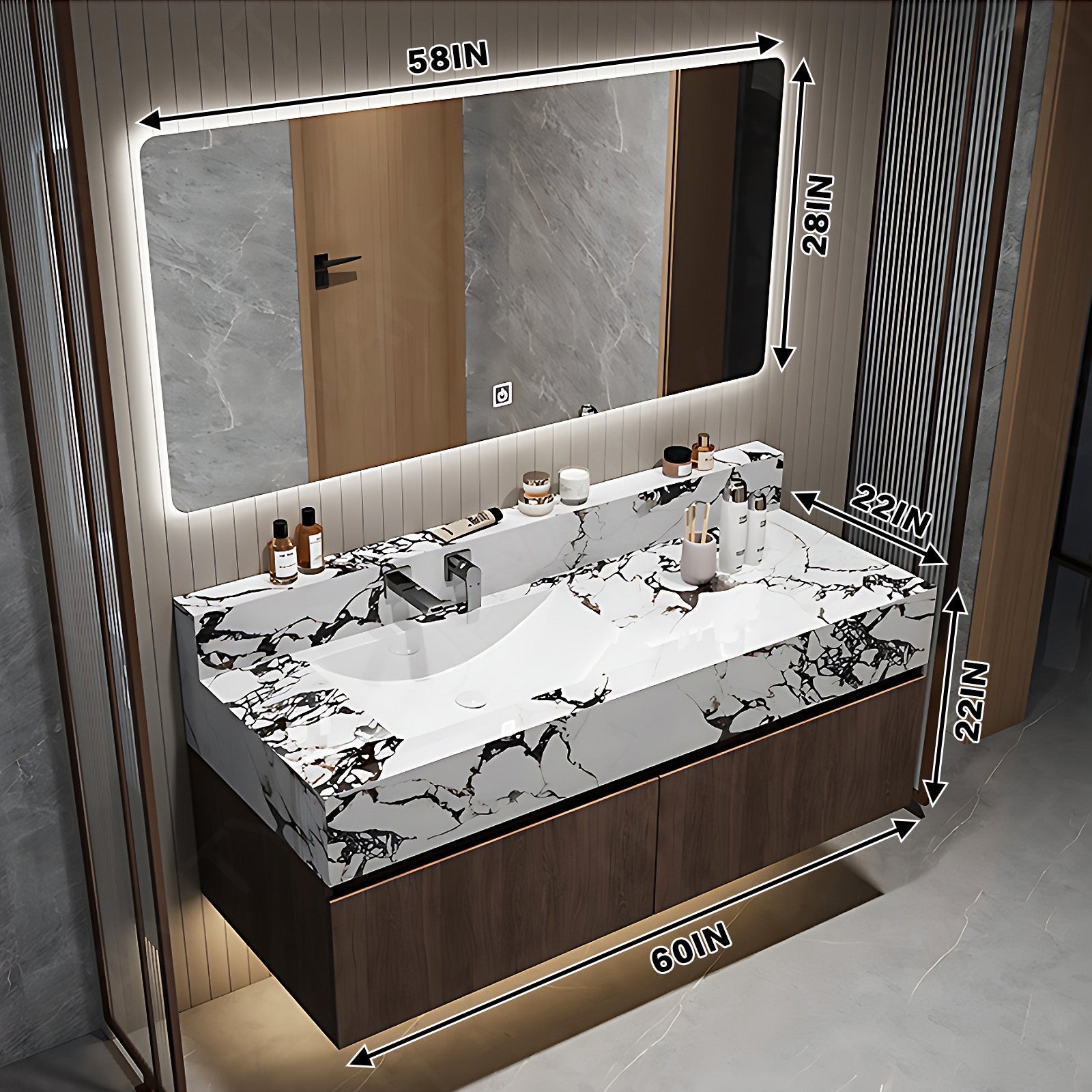 Modern Bath Vanity Set, Brown, White Slate Top, 36"- 64", Single, Floating, Smart LED Mirror