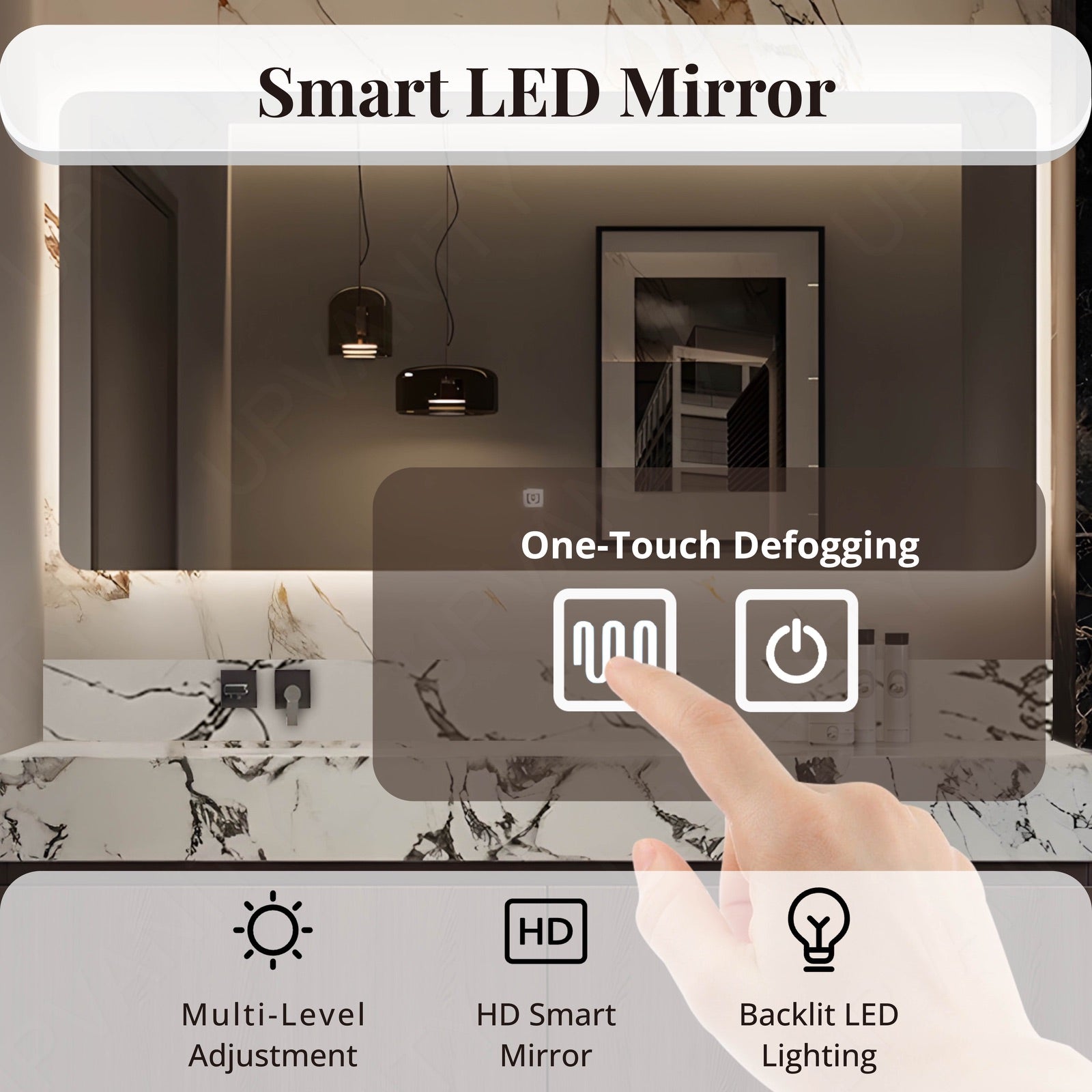 Modern Bath Vanity Set, Brown, White Slate Top, 36"- 64", Single, Floating, Smart LED Mirror