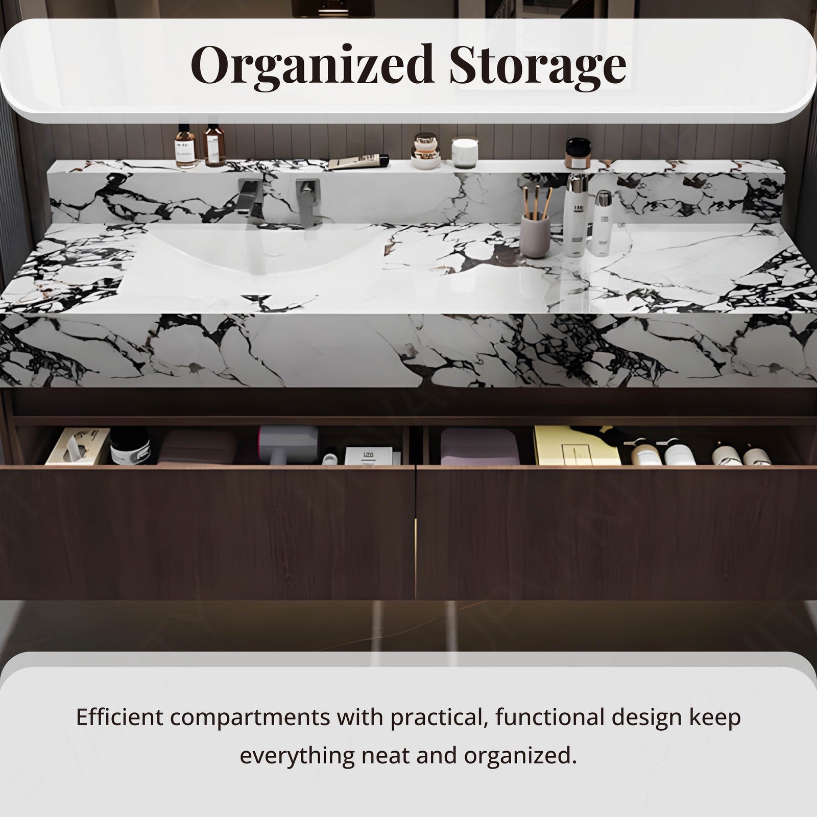 Modern Bath Vanity Set, Brown, White Slate Top, 36"- 64", Single, Floating, Smart LED Mirror