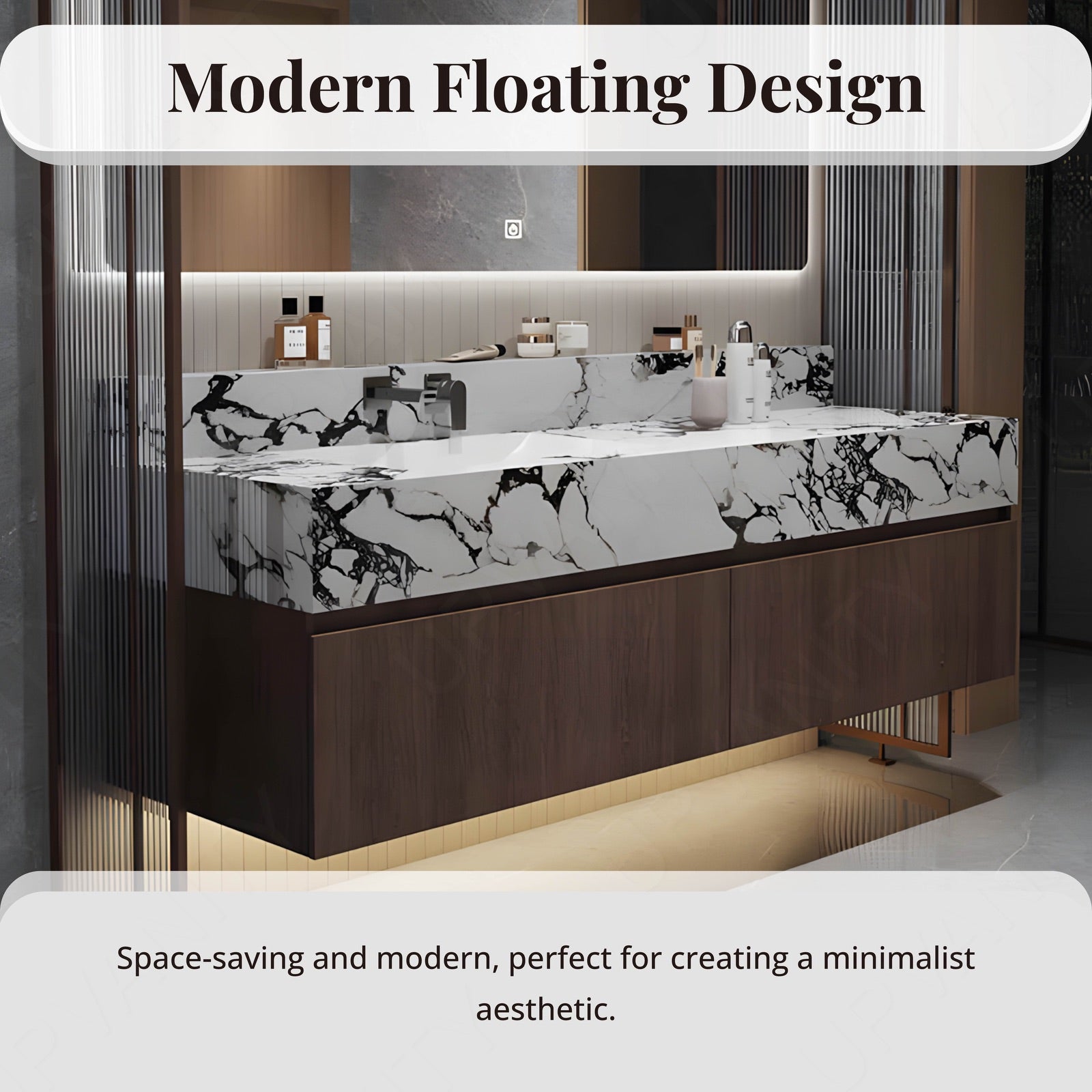 Modern Bath Vanity Set, Brown, White Slate Top, 36"- 64", Single, Floating, Smart LED Mirror