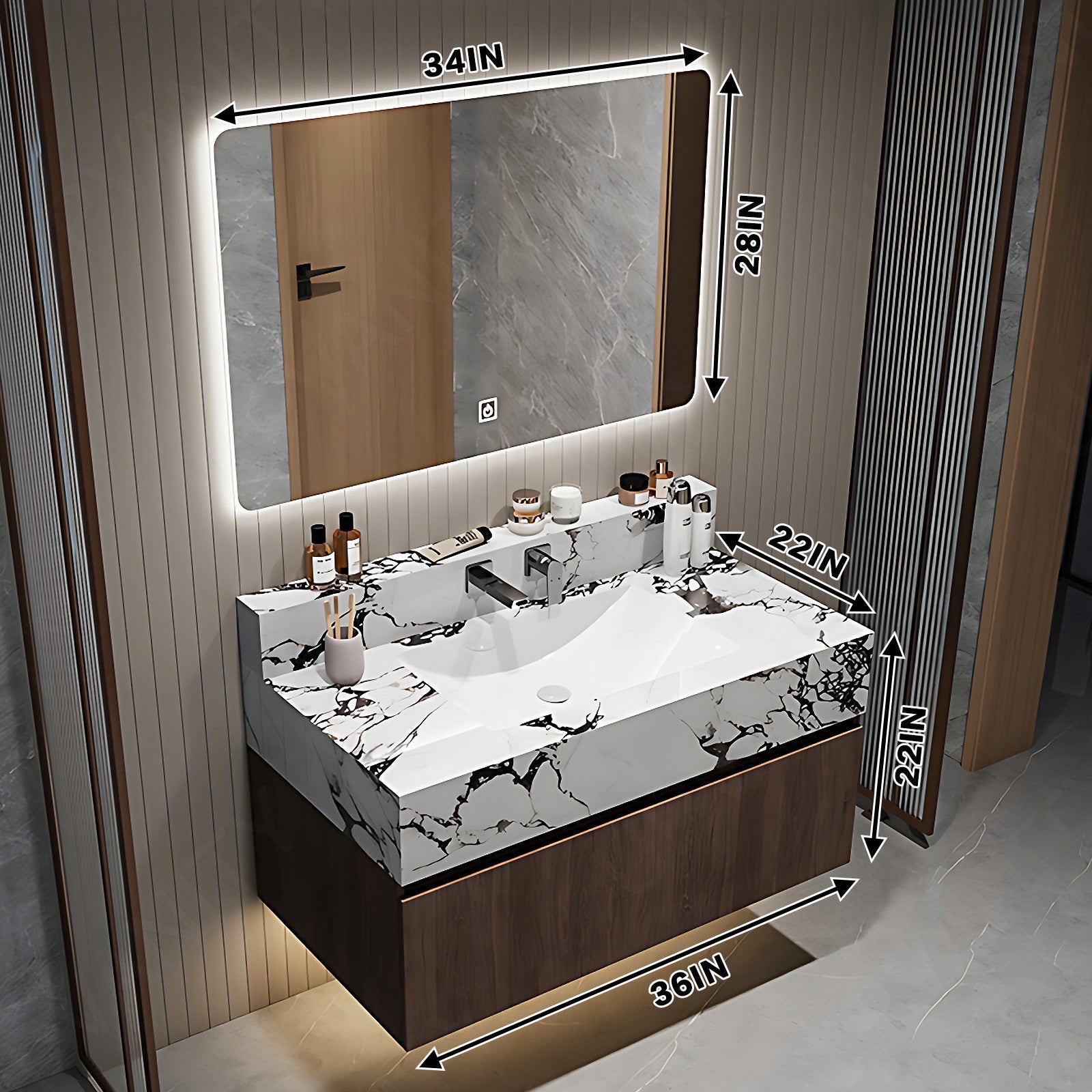 Modern Bath Vanity Set, Brown, White Slate Top, 36"- 64", Single, Floating, Smart LED Mirror