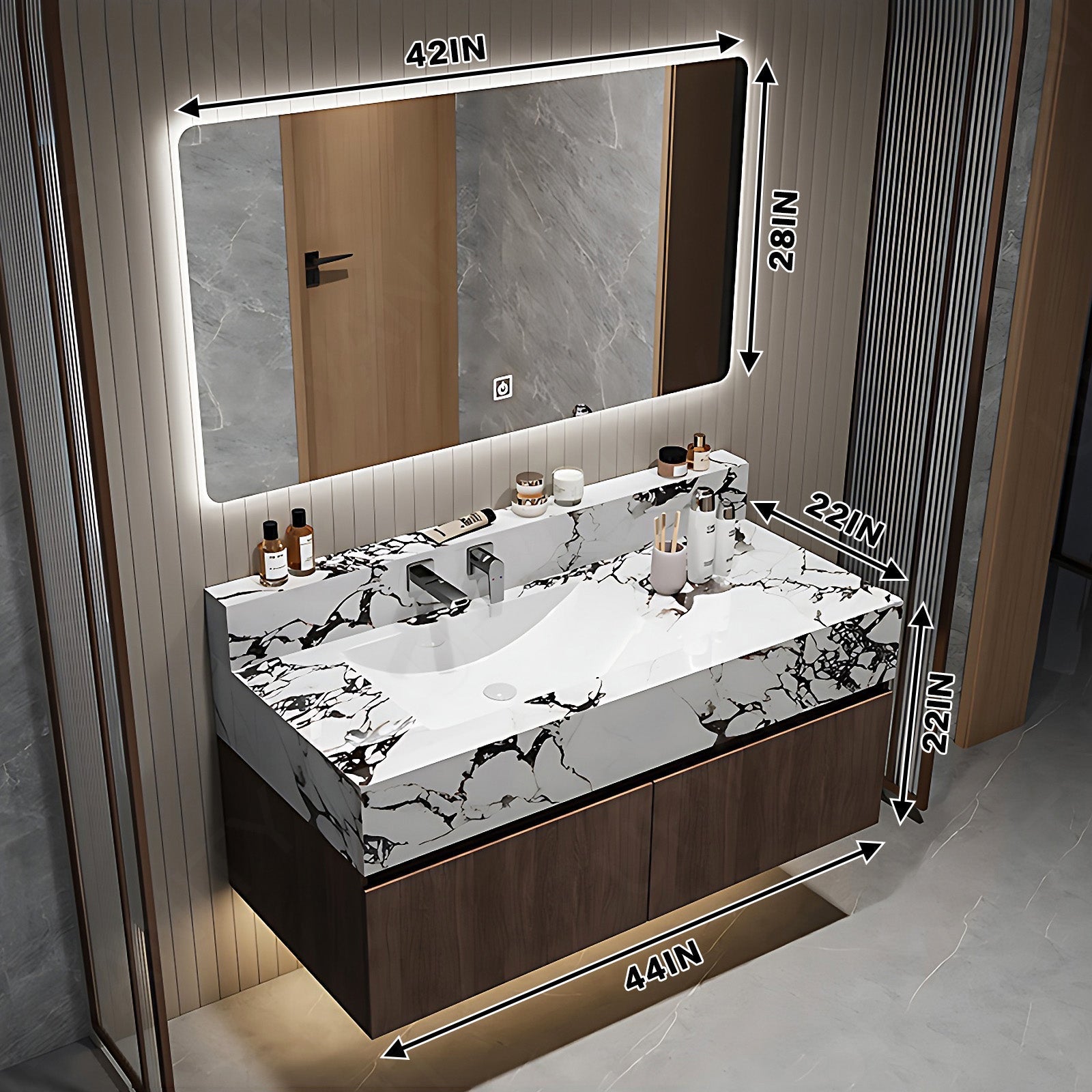 Modern Bath Vanity Set, Brown, White Slate Top, 36"- 64", Single, Floating, Smart LED Mirror