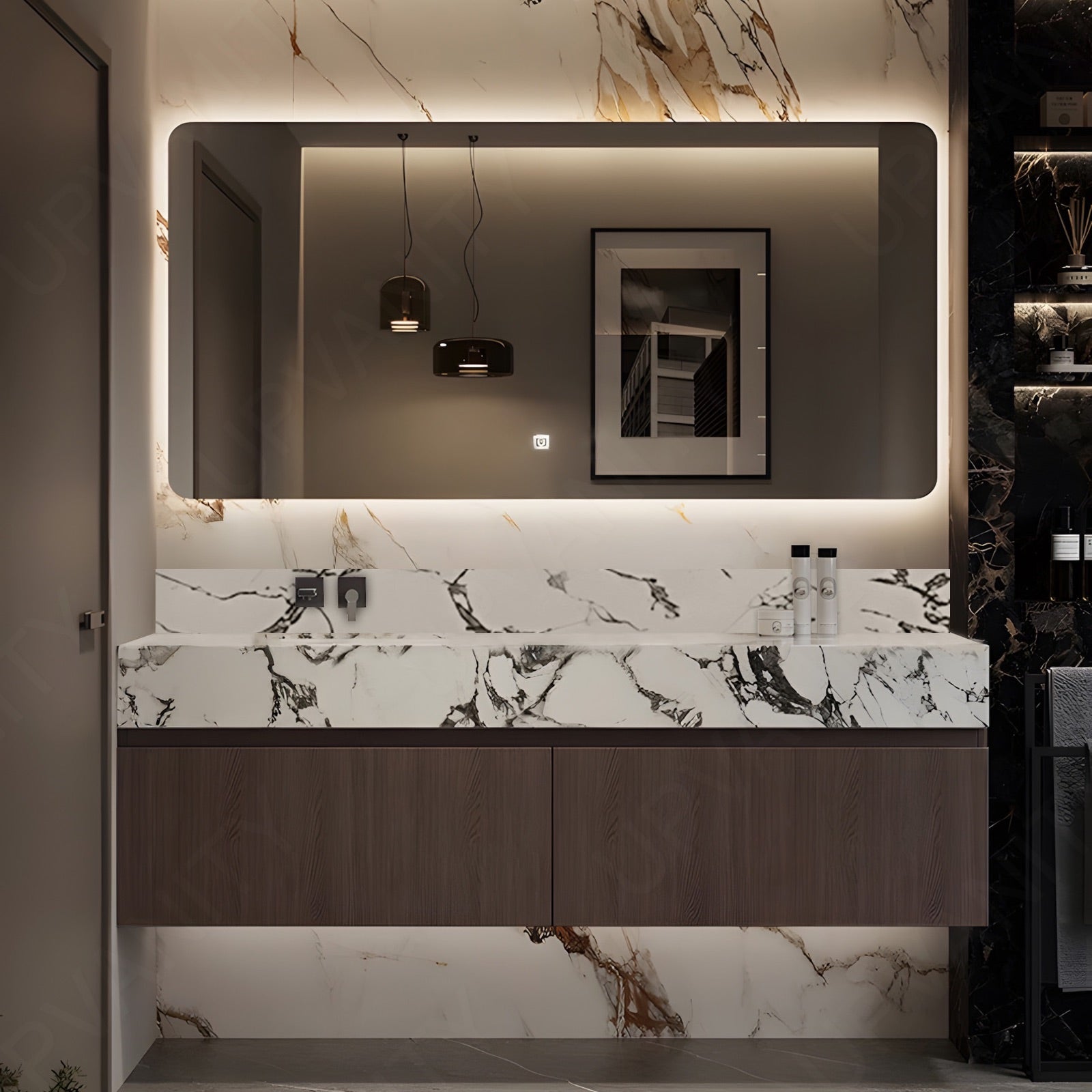 Modern Bath Vanity Set, Brown, White Slate Top, 36"- 64", Single, Floating, Smart LED Mirror