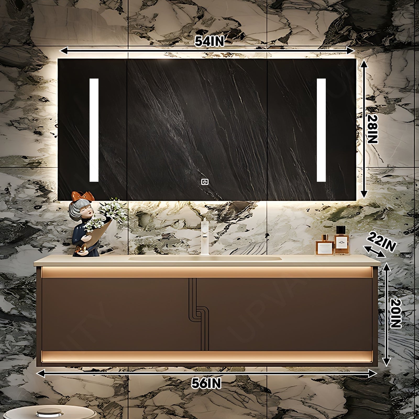 Modern Bath Vanity Set, Brown, White Slate Top, 36"- 72", Single/Double, Floating, Sensor Light, Smart LED Mirror, Rear Cabinet
