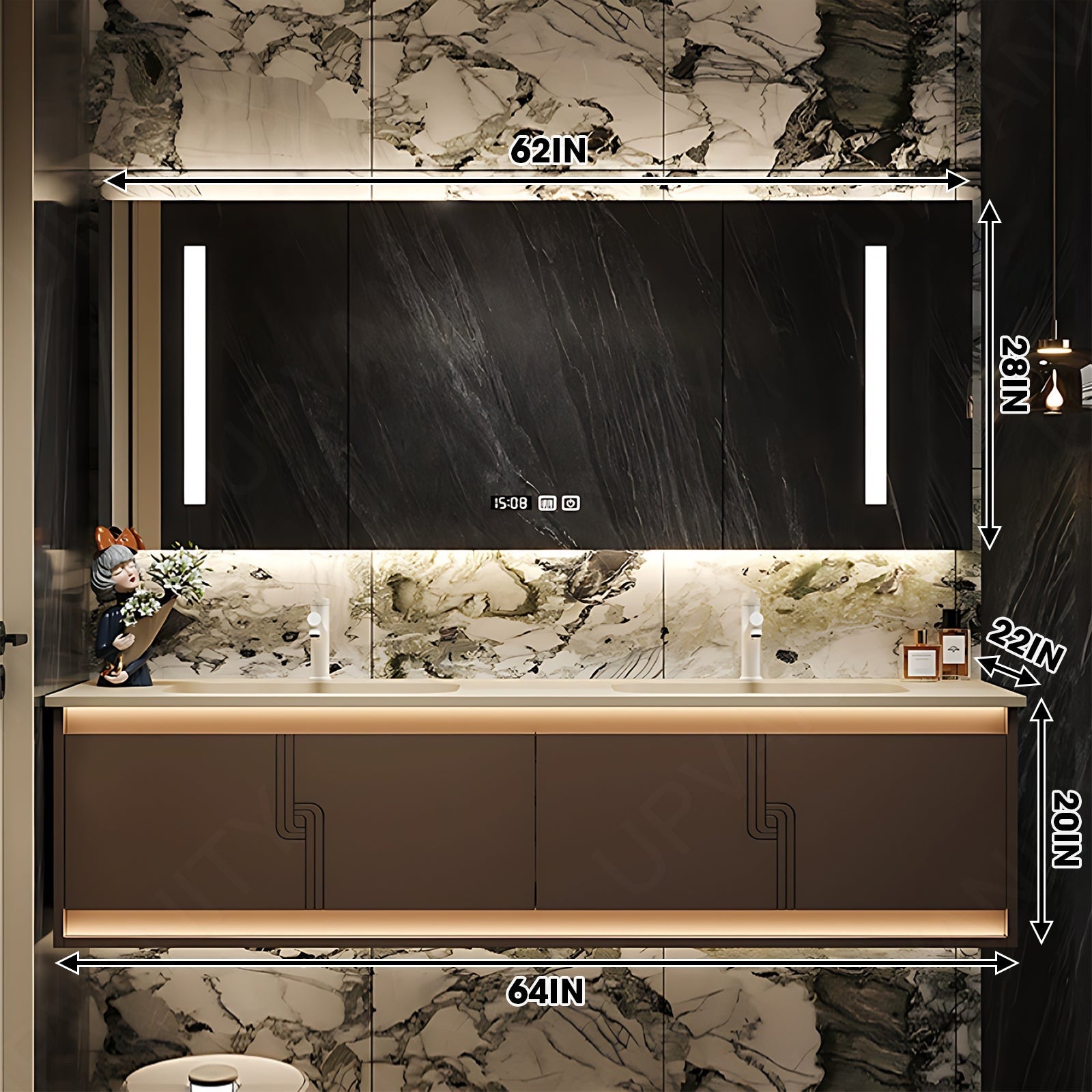 Modern Bath Vanity Set, Brown, White Slate Top, 36"- 72", Single/Double, Floating, Sensor Light, Smart LED Mirror, Rear Cabinet