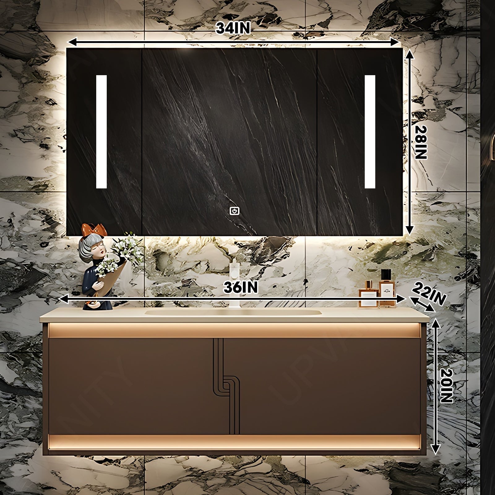 Modern Bath Vanity Set, Brown, White Slate Top, 36"- 72", Single/Double, Floating, Sensor Light, Smart LED Mirror, Rear Cabinet