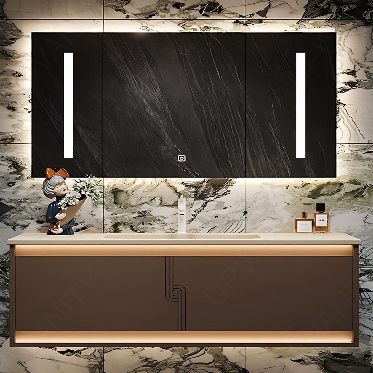 Modern Bath Vanity Set, Brown, White Slate Top, 36"- 72", Single/Double, Floating, Sensor Light, Smart LED Mirror, Rear Cabinet