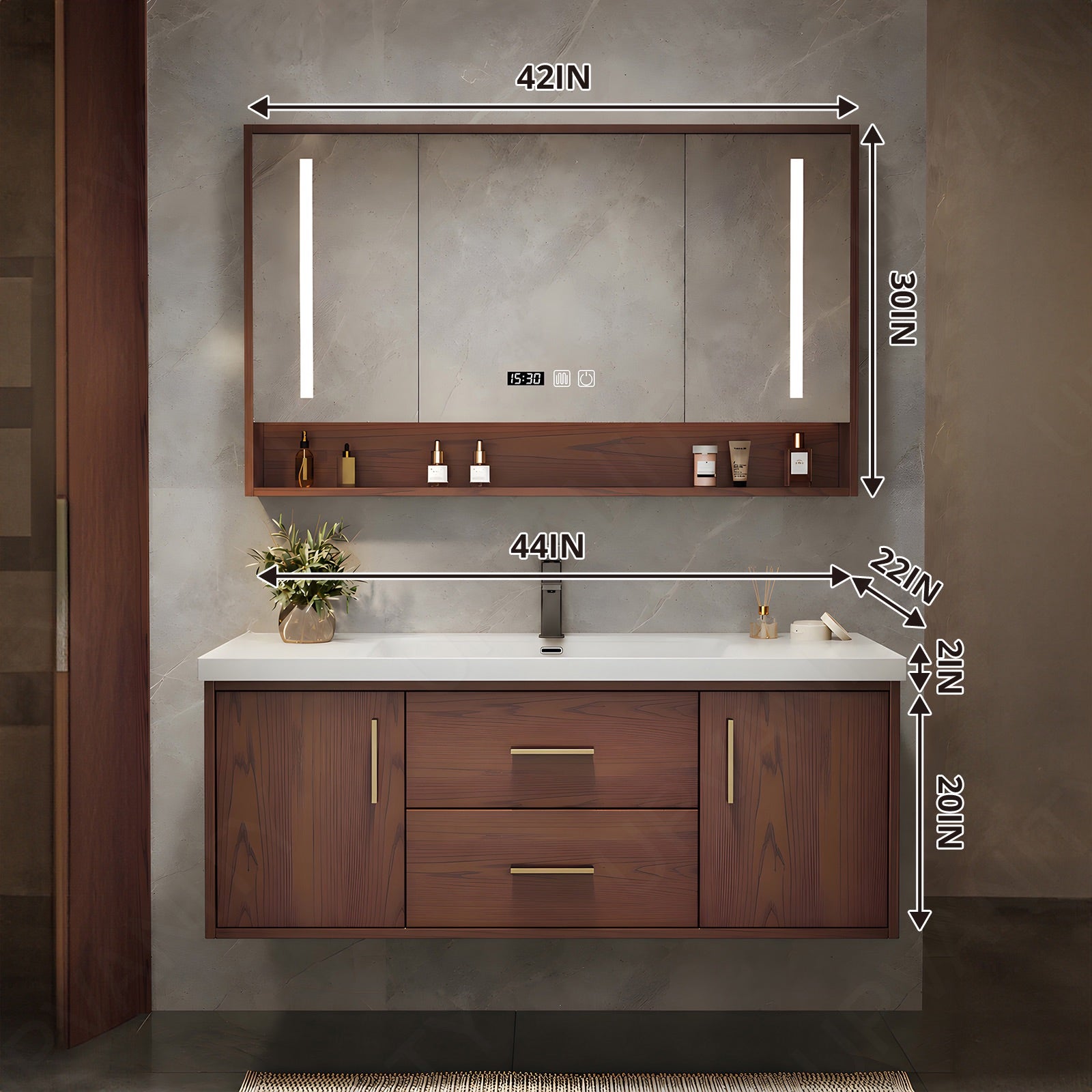 Modern Bath Vanity Set, Brown, White Slate Top, 40"-60", Single, Floating, Gold Accents, Smart LED Mirror, Rear Cabinet