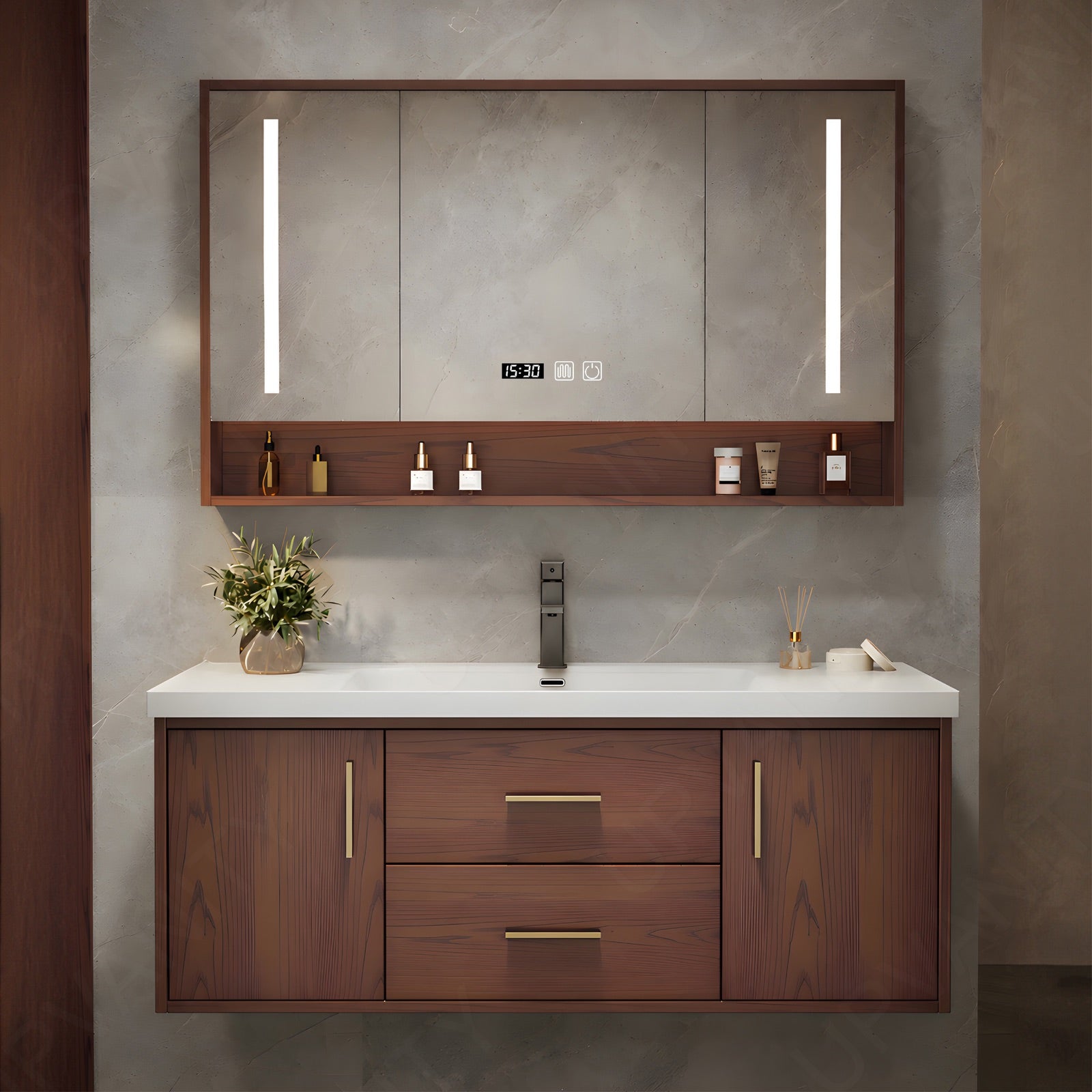 Modern Bath Vanity Set, Brown, White Slate Top, 40"-60", Single, Floating, Gold Accents, Smart LED Mirror, Rear Cabinet