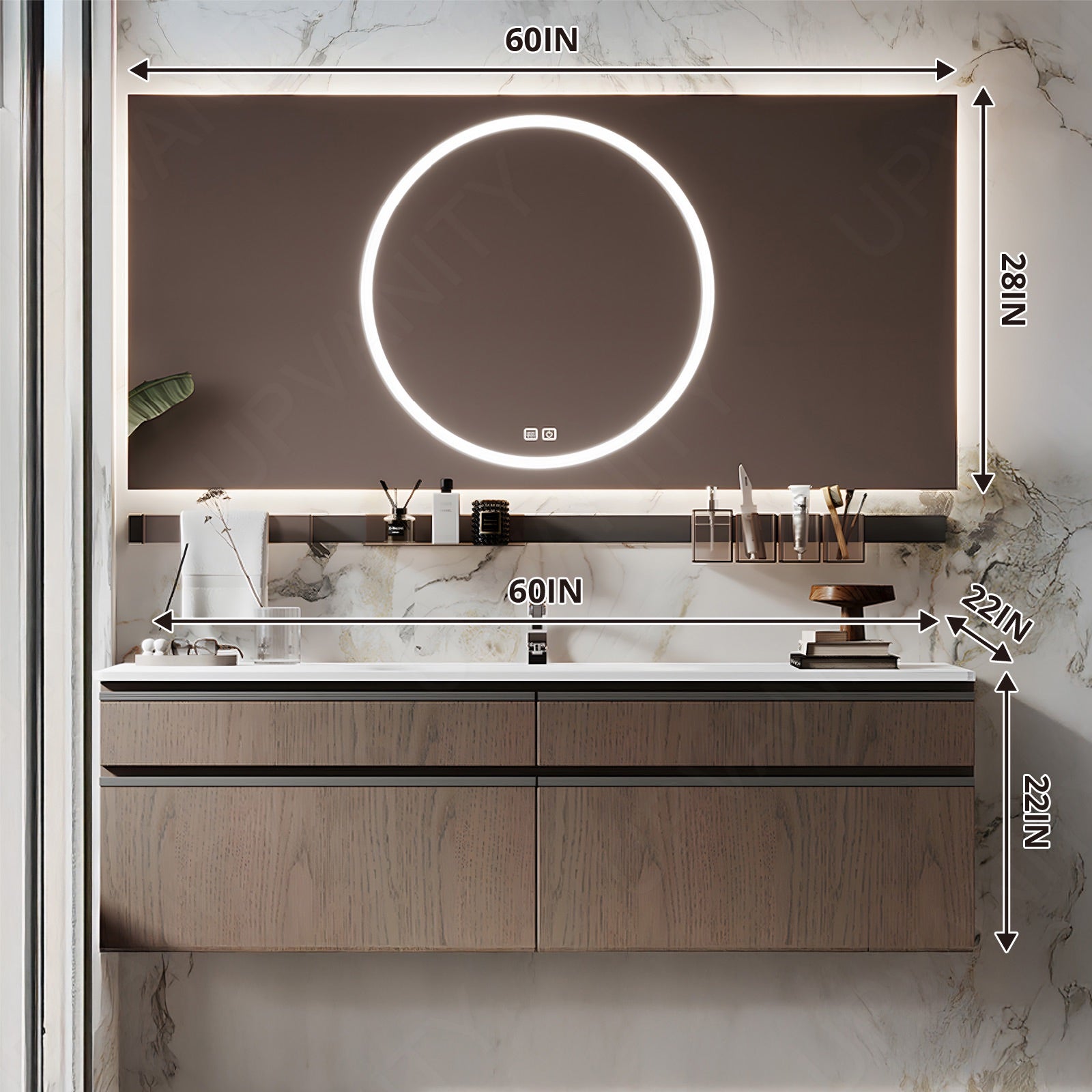 Modern Bath Vanity Set, Brown, White Slate Top, 40"-60", Single, Floating, Sectional Storage, Smart LED Mirror