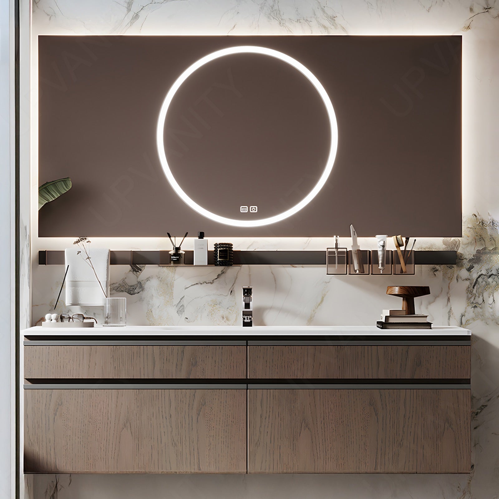 Modern Bath Vanity Set, Brown, White Slate Top, 40"-60", Single, Floating, Sectional Storage, Smart LED Mirror