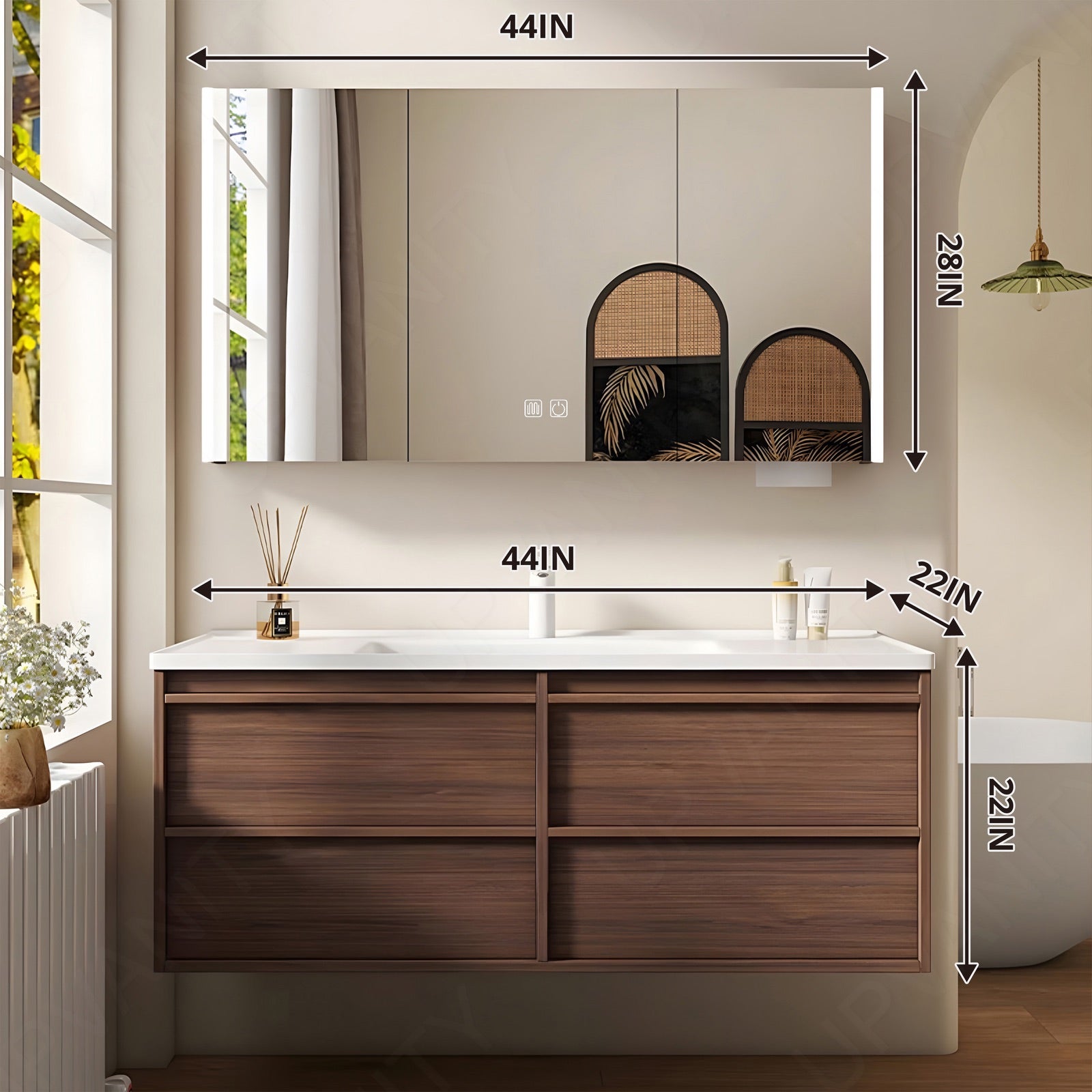 Modern Bath Vanity Set, Brown, White Slate Top, 40"-64", Single, Floating,  Smart LED Mirror, Rear Cabinet