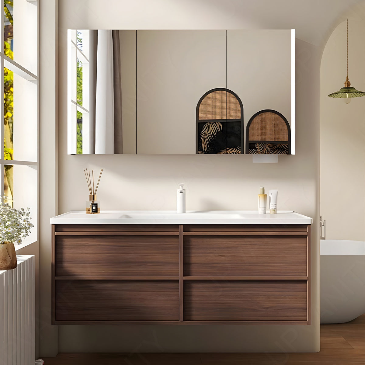 Modern Bath Vanity Set, Brown, White Slate Top, 40"-64", Single, Floating,  Smart LED Mirror, Rear Cabinet