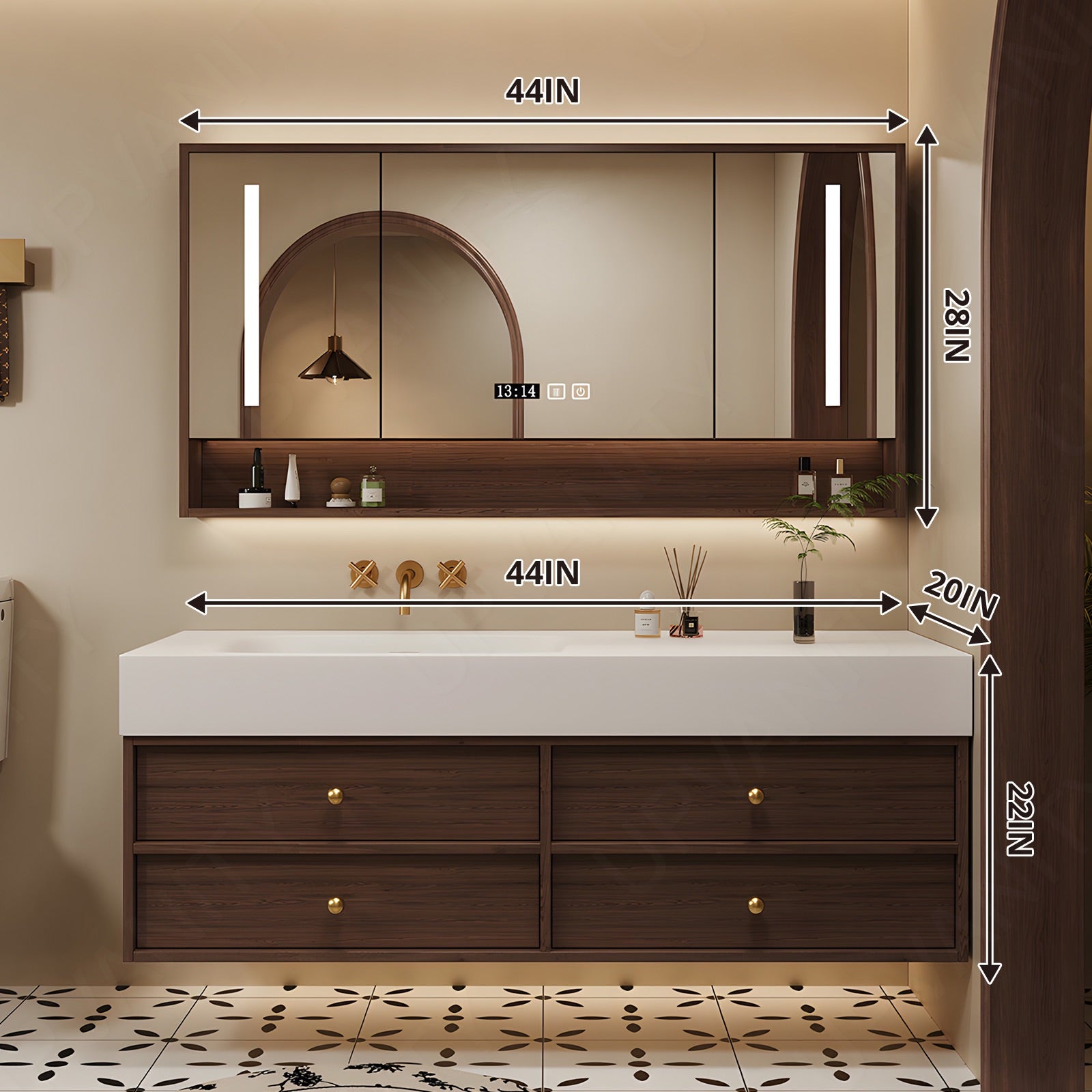 Modern Bath Vanity Set, Brown, White Slate Top, 44"-64", Single, Floating, Open Storage, Smart LED Mirror, Rear Cabinet
