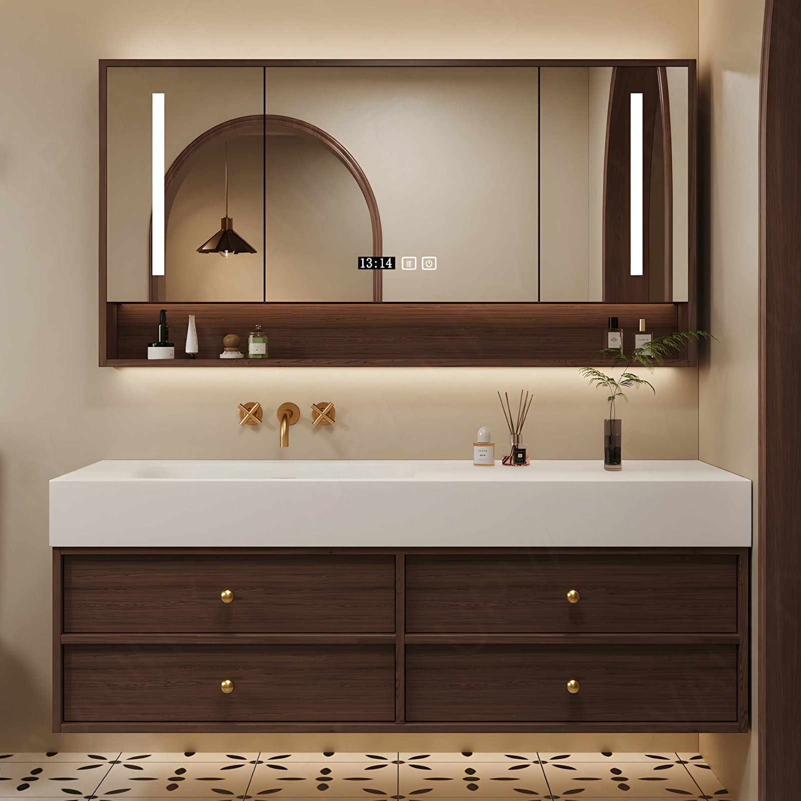 Modern Bath Vanity Set, Brown, White Slate Top, 44"-64", Single, Floating, Open Storage, Smart LED Mirror, Rear Cabinet