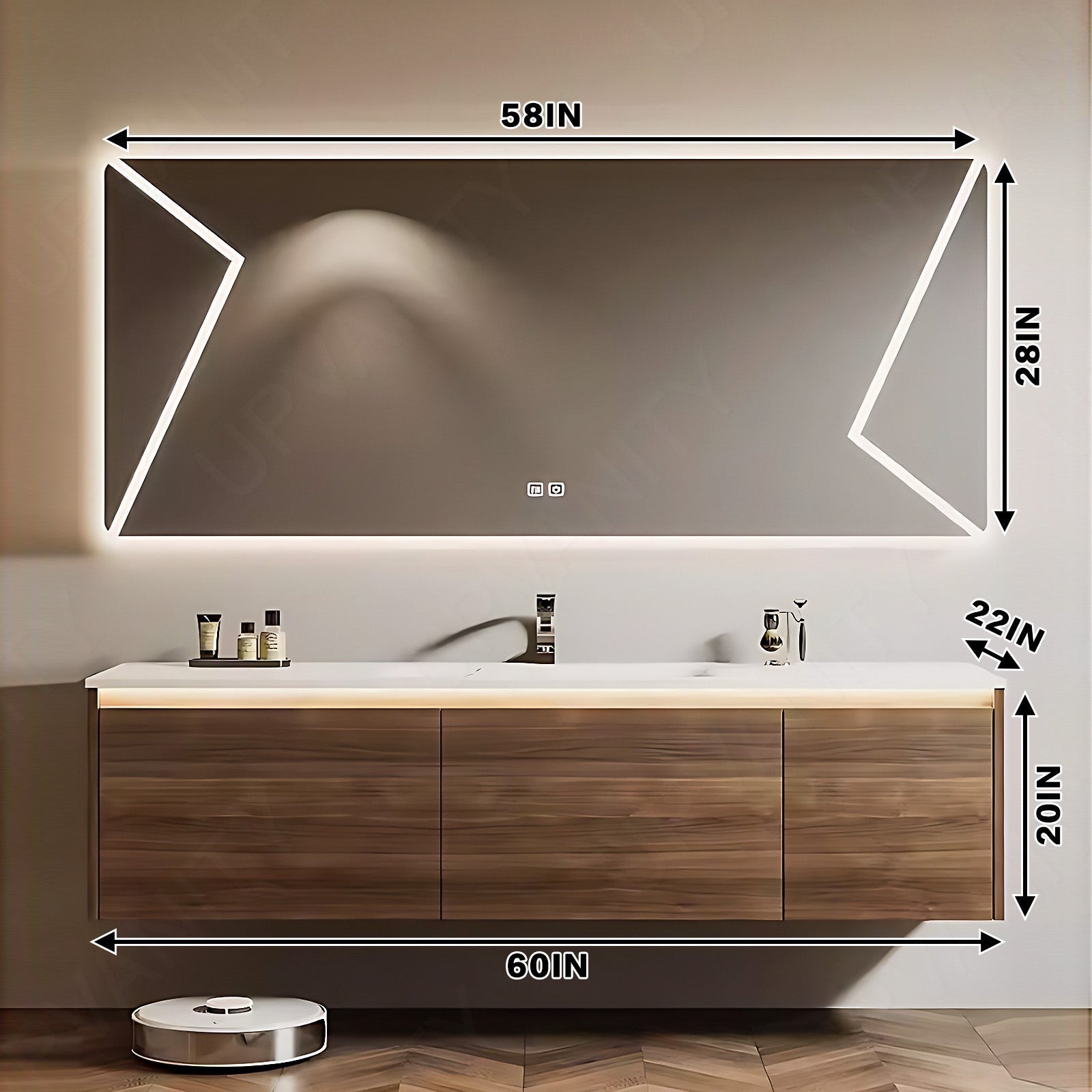 Modern Bath Vanity Set, Brown, White Slate Top, 44"- 64", Single, Floating, Sensor Light, Smart LED Mirror