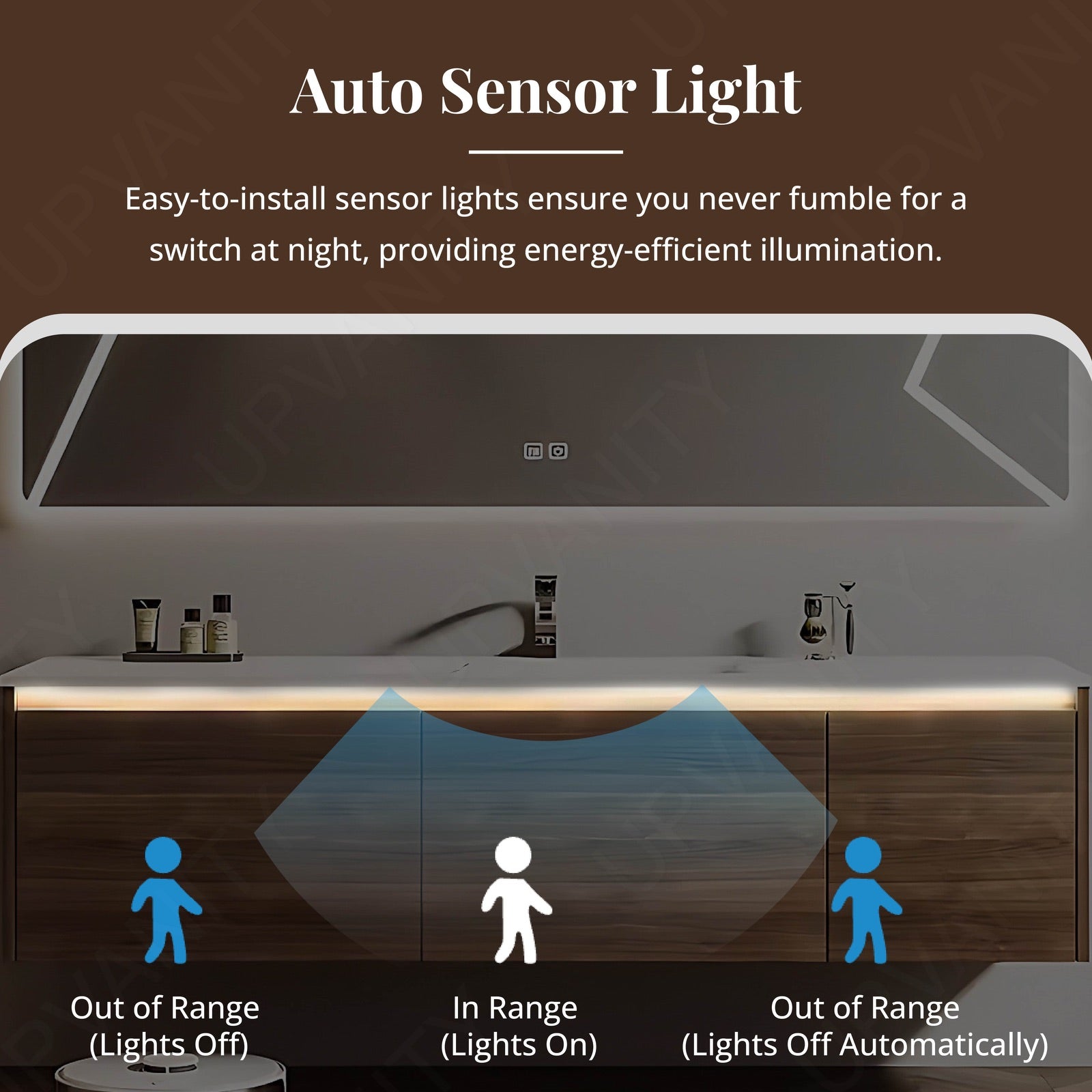 Modern Bath Vanity Set, Brown, White Slate Top, 44"- 64", Single, Floating, Sensor Light, Smart LED Mirror