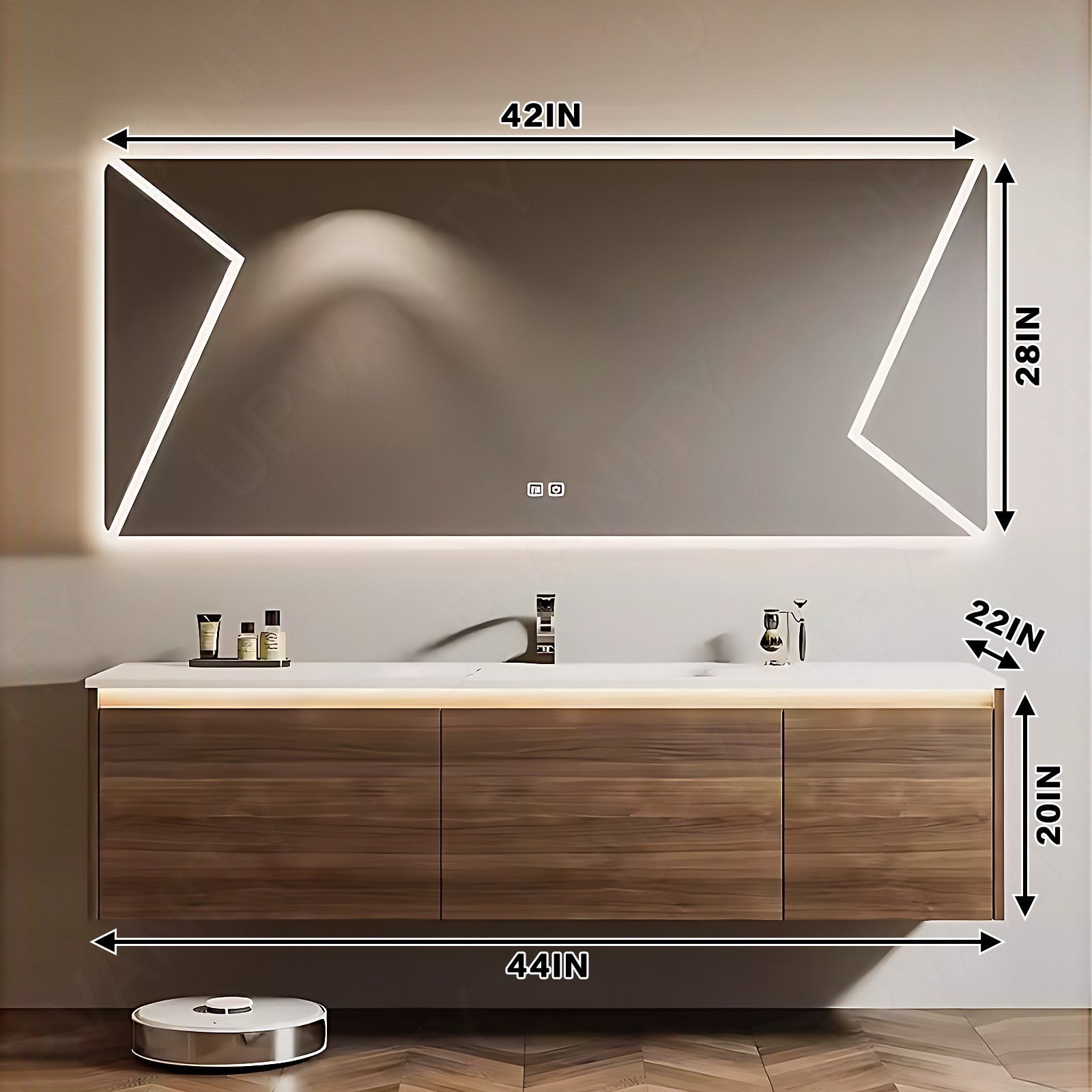 Modern Bath Vanity Set, Brown, White Slate Top, 44"- 64", Single, Floating, Sensor Light, Smart LED Mirror