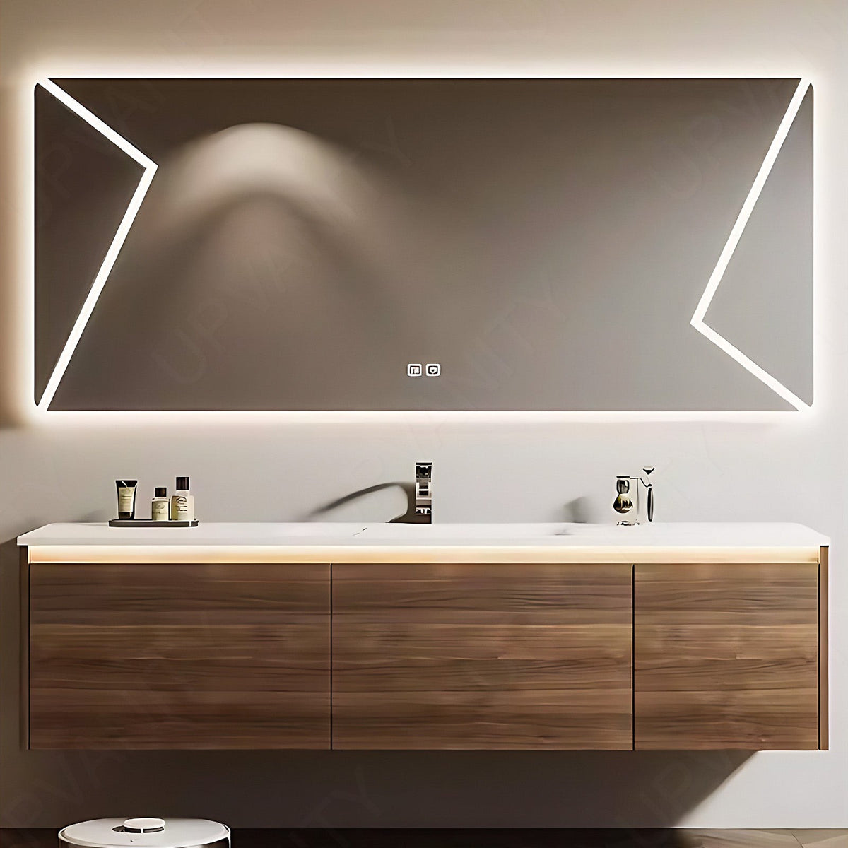 Modern Bath Vanity Set, Brown, White Slate Top, 44"- 64", Single, Floating, Sensor Light, Smart LED Mirror